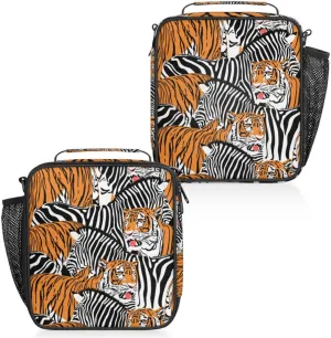 Tiger And Zebra Insulated Lunch Bag Reusable Waterproofing Lunch Box with Shoulder Strap Handle and Water Bottle Net Bag for Travel Camping Beach Picnic