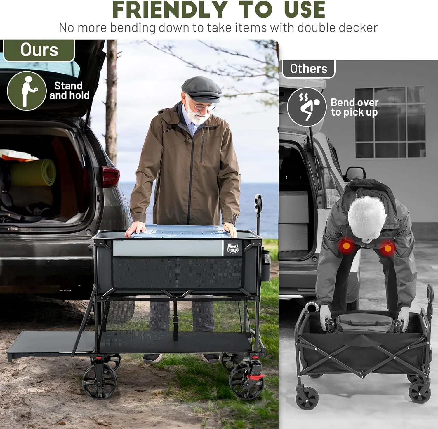 TIMBER RIDGE 400L Large Capacity Folding Double Decker Wagon with Brakes, 54" Extra Long Extender Wagon Cart, 450lbs Heavy Duty Collapsible Cart, All-Terrain Big Wheels for Camping, Sports, Shopping