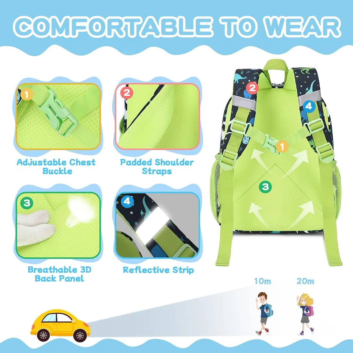 Toddler Backpack for Boys, 12'' Mini Preschool Backpack for Kids Age 2-4 Years Old Small Toddler Bookbag for Kindergarten with Chest Buckle and Reflective Strip,Green Dinosaur