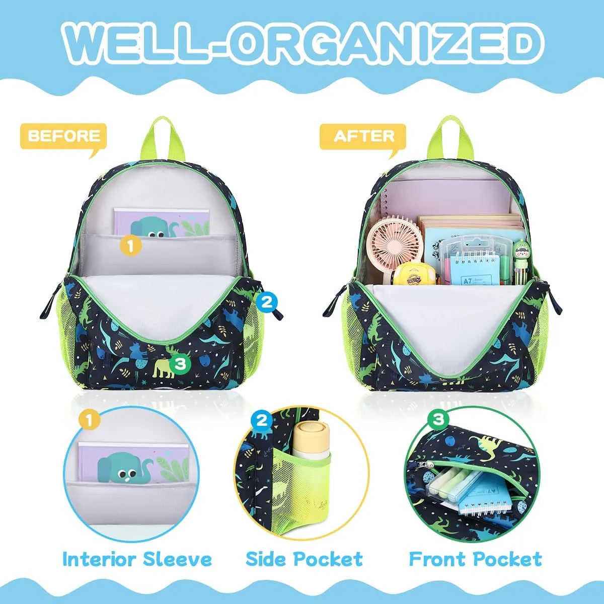 Toddler Backpack for Boys, 12'' Mini Preschool Backpack for Kids Age 2-4 Years Old Small Toddler Bookbag for Kindergarten with Chest Buckle and Reflective Strip,Green Dinosaur