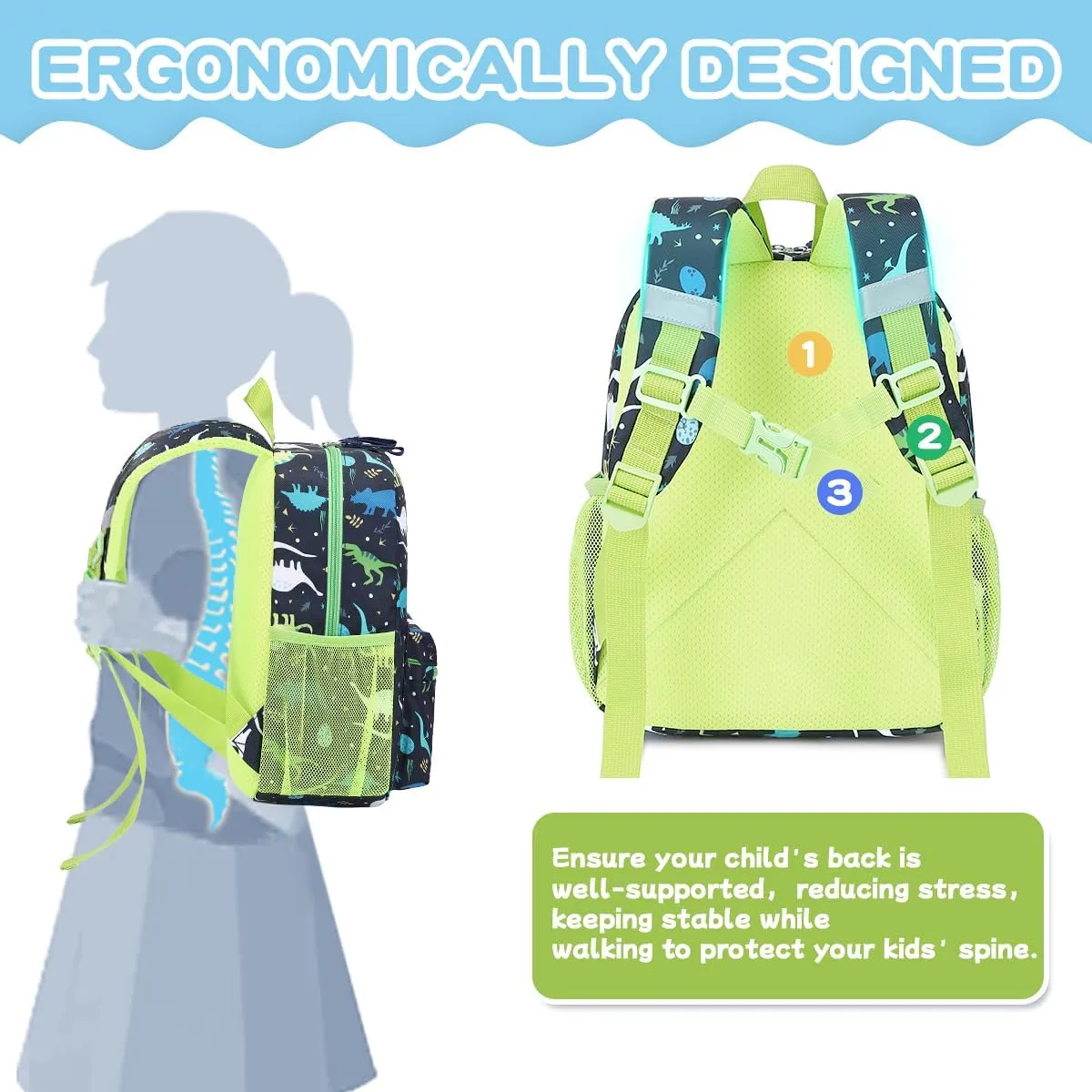 Toddler Backpack for Boys, 12'' Mini Preschool Backpack for Kids Age 2-4 Years Old Small Toddler Bookbag for Kindergarten with Chest Buckle and Reflective Strip,Green Dinosaur