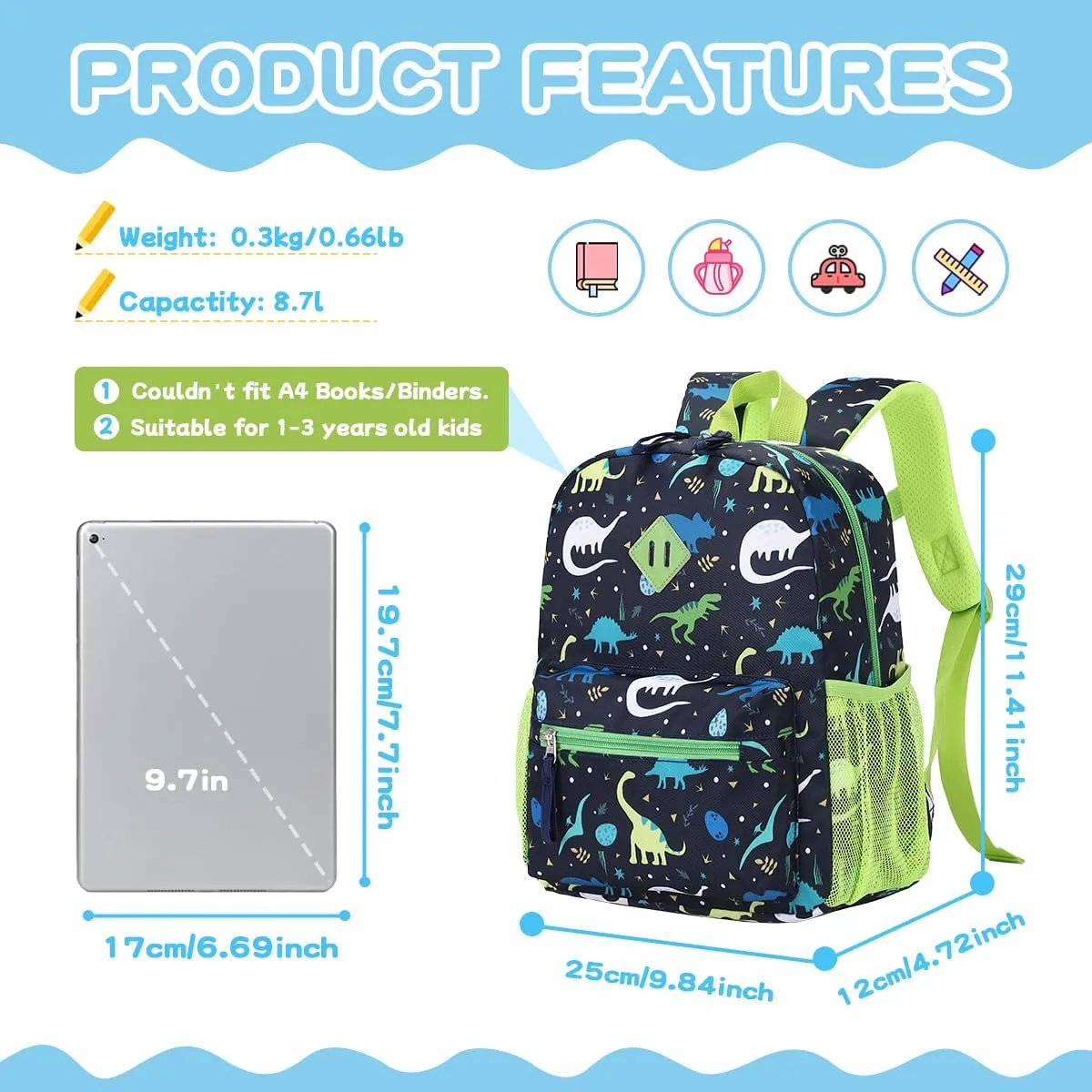Toddler Backpack for Boys, 12'' Mini Preschool Backpack for Kids Age 2-4 Years Old Small Toddler Bookbag for Kindergarten with Chest Buckle and Reflective Strip,Green Dinosaur