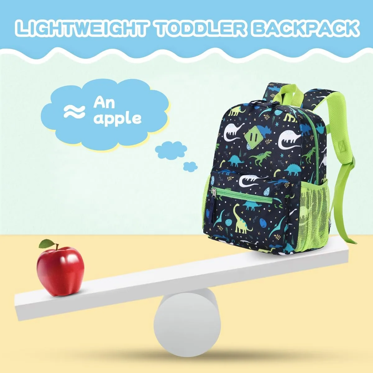 Toddler Backpack for Boys, 12'' Mini Preschool Backpack for Kids Age 2-4 Years Old Small Toddler Bookbag for Kindergarten with Chest Buckle and Reflective Strip,Green Dinosaur