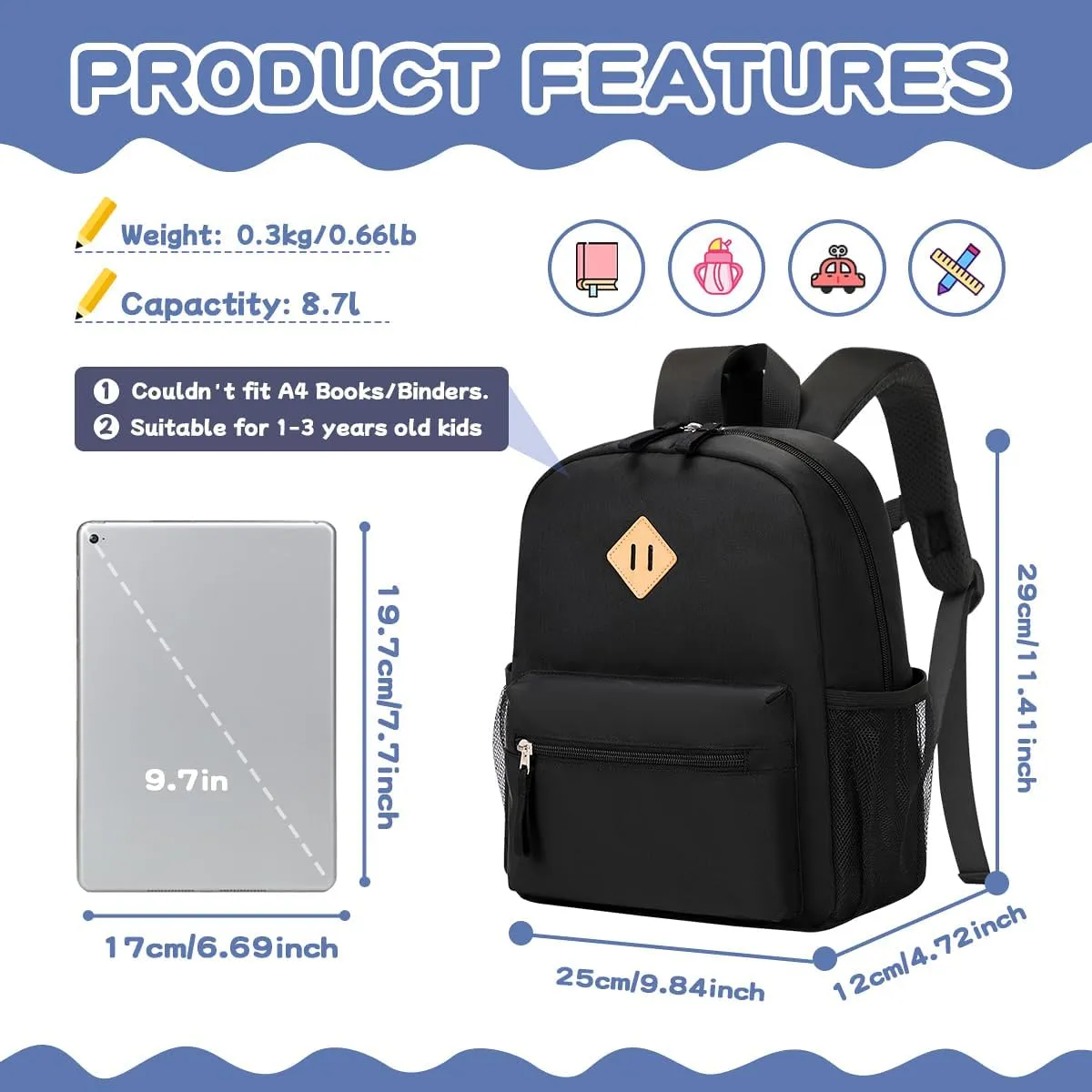 Toddler Backpack for Boys Girls, 12'' Mini Preschool Backpack for Kids Age 2-4 Years Old Small Toddler Bookbag for Kindergarten with Chest Buckle and Reflective Strip,All Black