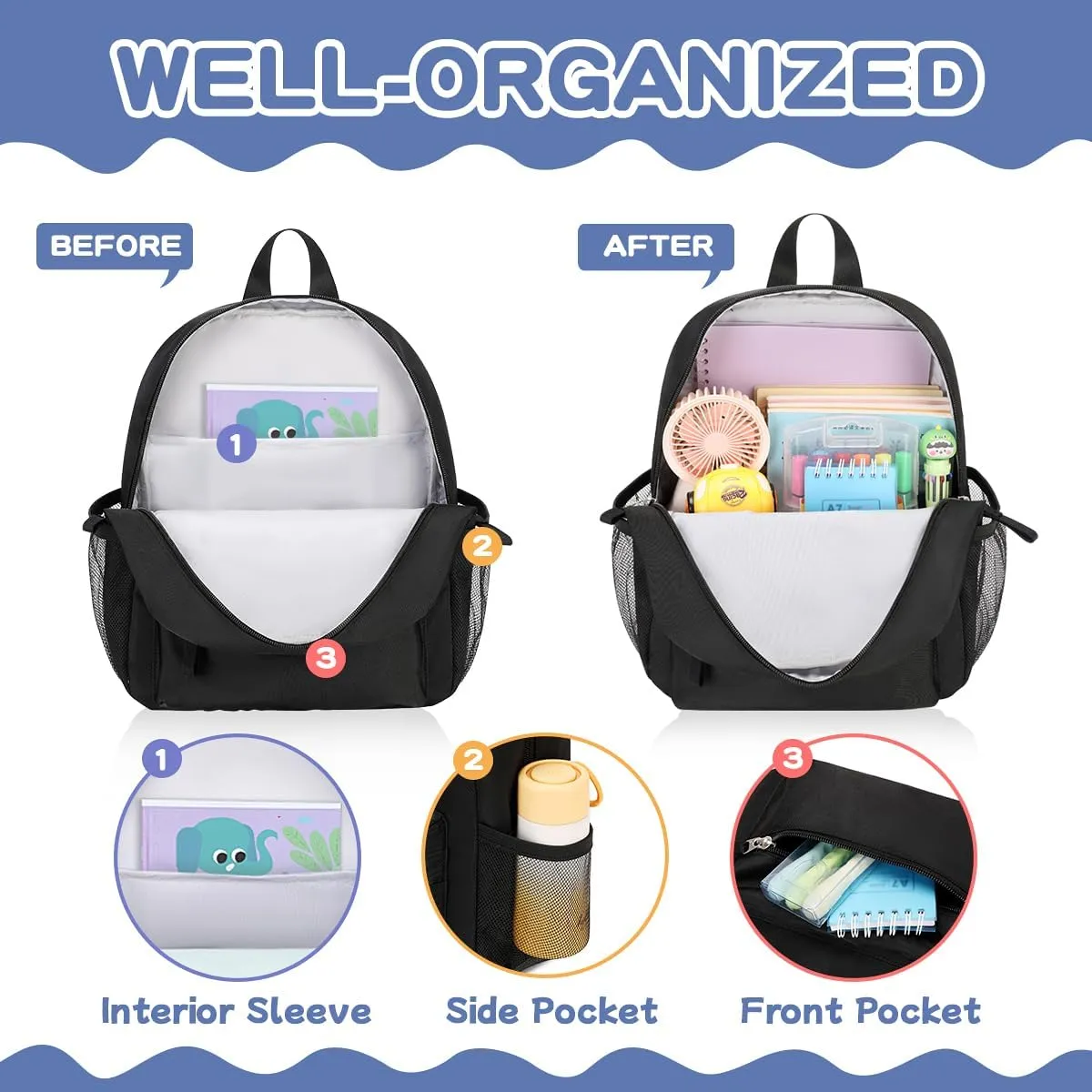 Toddler Backpack for Boys Girls, 12'' Mini Preschool Backpack for Kids Age 2-4 Years Old Small Toddler Bookbag for Kindergarten with Chest Buckle and Reflective Strip,All Black