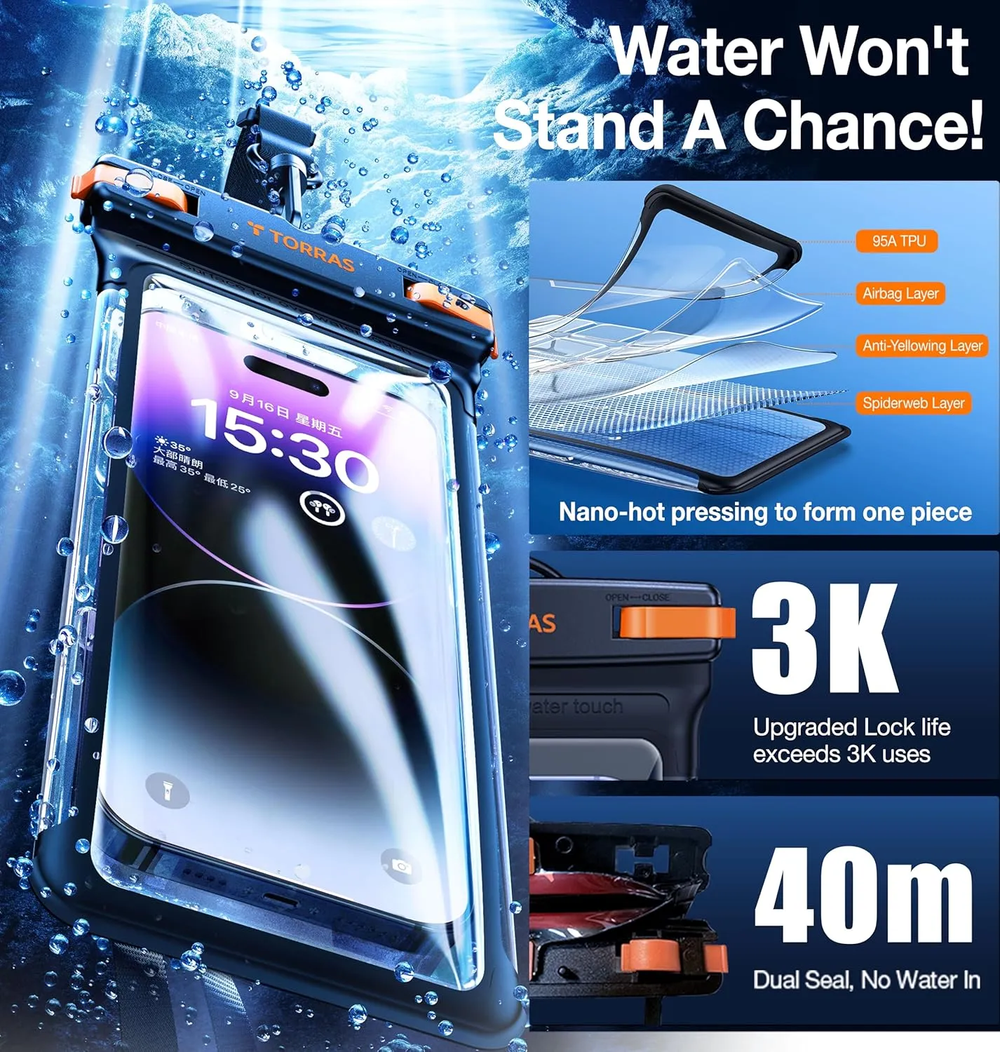 TORRAS Icecube IPX8 Waterproof Phone Pouch, Underwater Screen Touchable, Waterproof Phone Pouch Floating Snorkeling, Adjustable Lanyard, Cruise Essentials for iPhone 15 Pro Max/14/Samsung, Black-8.0''