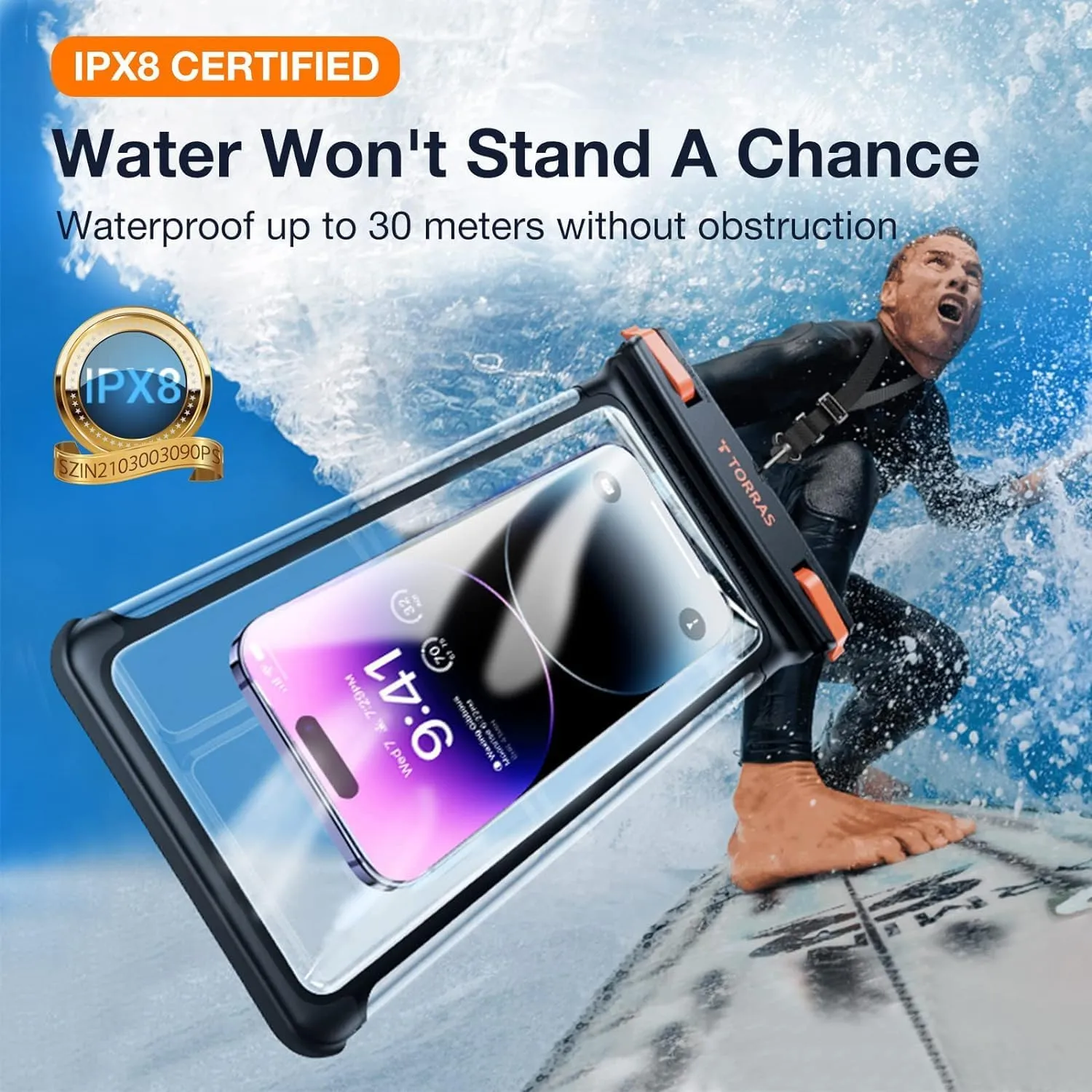 TORRAS Icecube IPX8 Waterproof Phone Pouch, Underwater Screen Touchable, Waterproof Phone Pouch Floating Snorkeling, Adjustable Lanyard, Cruise Essentials for iPhone 15 Pro Max/14/Samsung, Black-8.0''