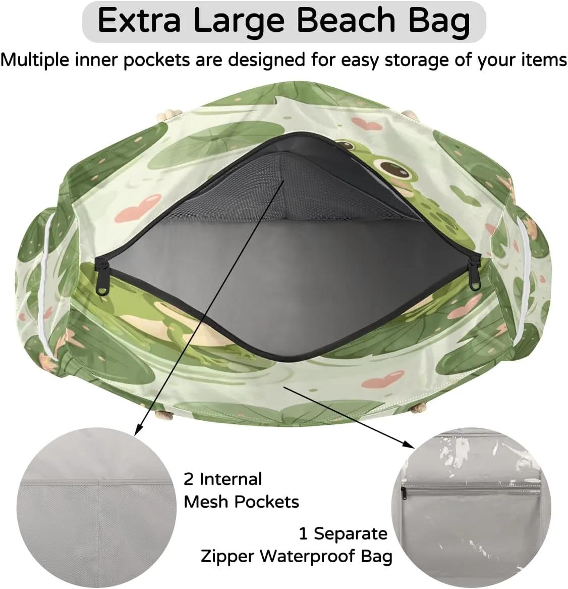 Tote Beach Bag for Women Large Zipper Beach Bags Waterproof Sandproof Gym Swim Pool Travel Bag