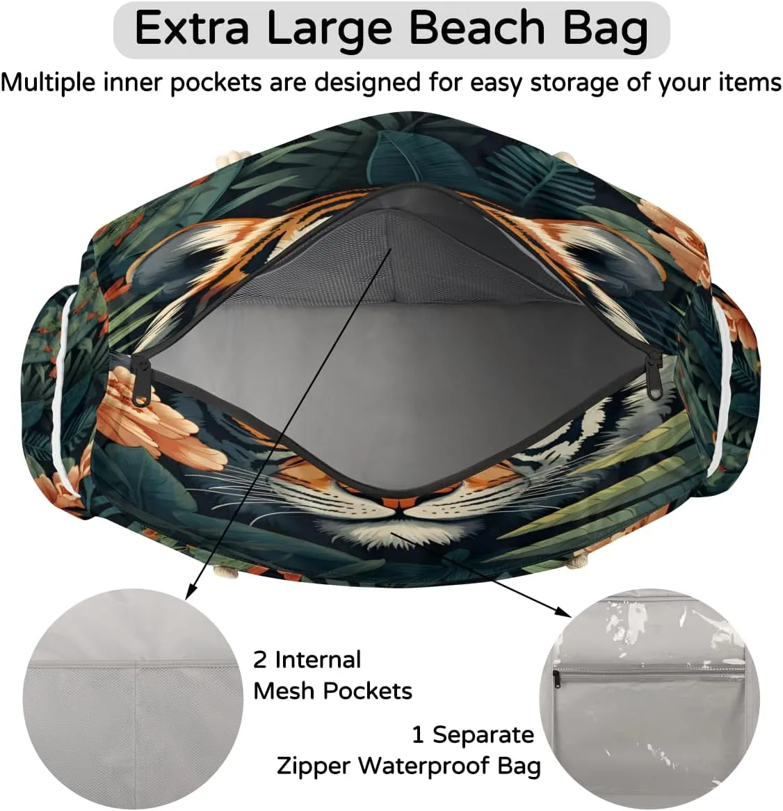 Tote Beach Bag for Women Large Zipper Beach Bags Waterproof Sandproof Gym Swim Pool Travel Bag