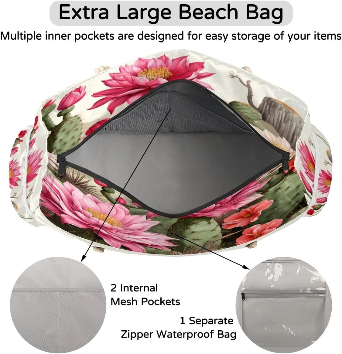 Tote Beach Bag for Women Large Zipper Beach Bags Waterproof Sandproof Gym Swim Pool Travel Bag