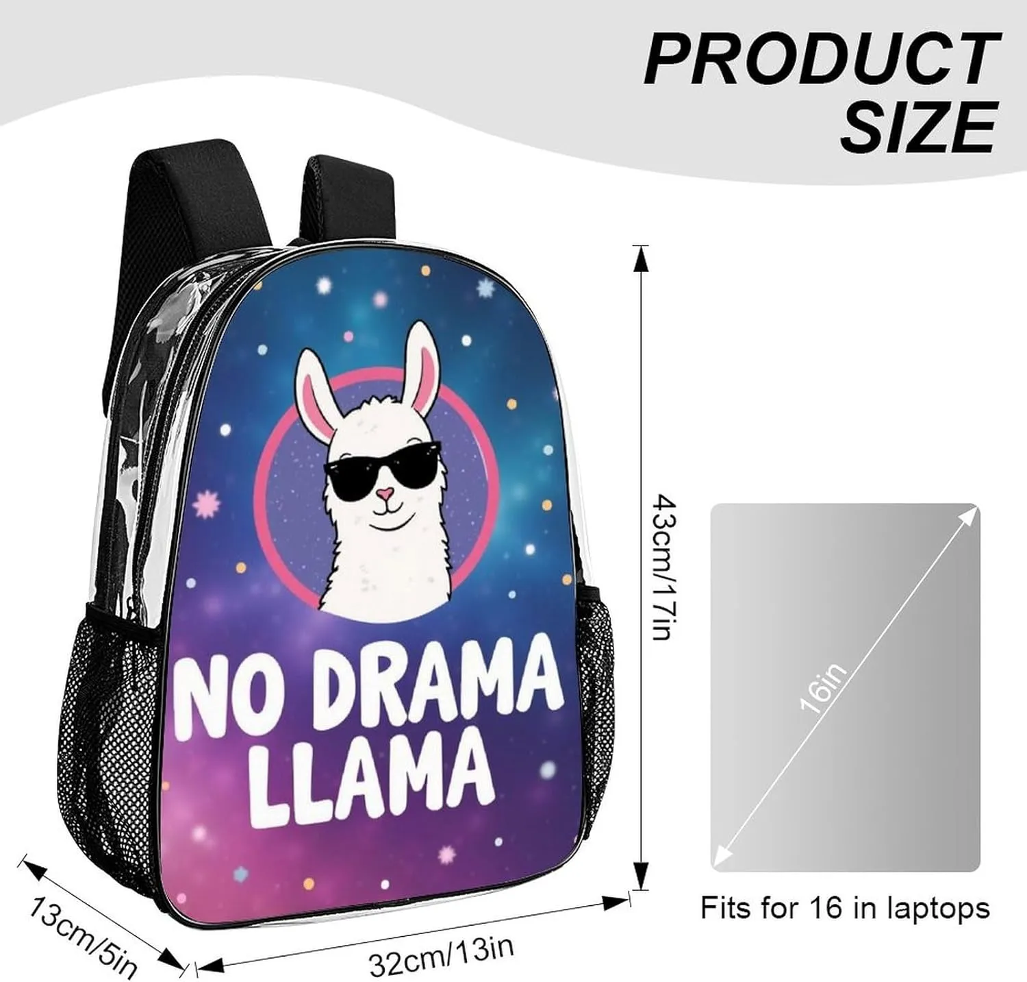 Transparent Daypack for Camping Travel Walking Cycling - Big Capacity Anti-Theft Multipurpose Bookbag, No Drama Llama Camping Outdoor Backpack