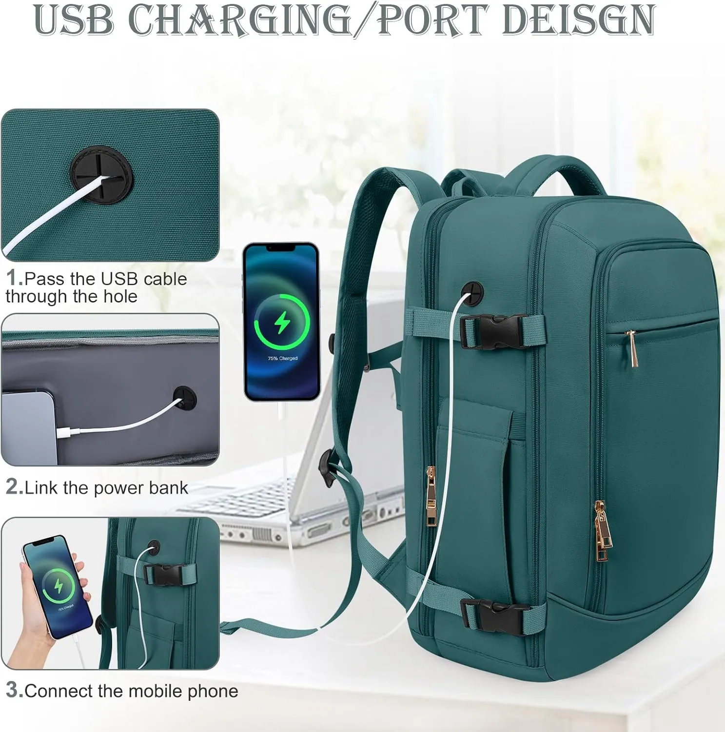 Travel Backpack, Carry-on Backpack for Men Women, Travel Backpack Carry on Flight Approved, 40L Personal Item Backpack, Travel Essentials Must Haves, Peacock Blue
