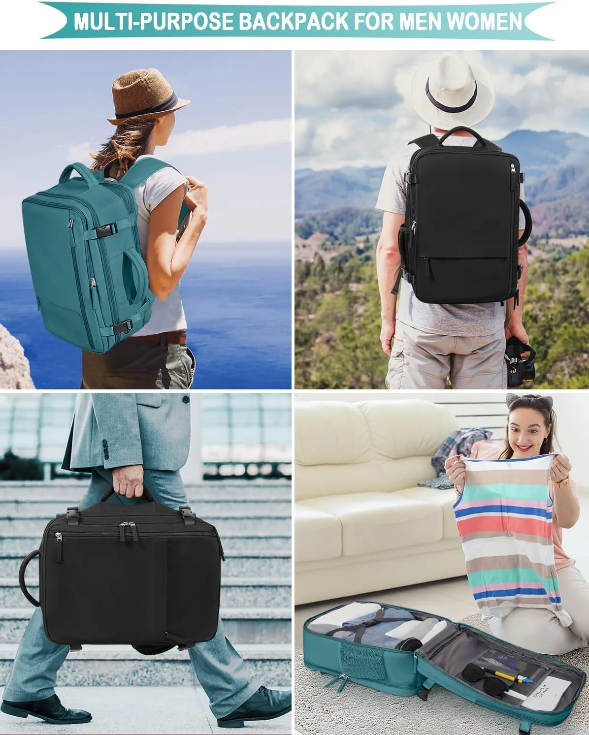 Travel Backpack for Women, Airline Approved Carry On Luggage, 17.3 inch Laptop Backpack, Waterproof Weekender Bag, Hiking Backpack (Peacock blue)