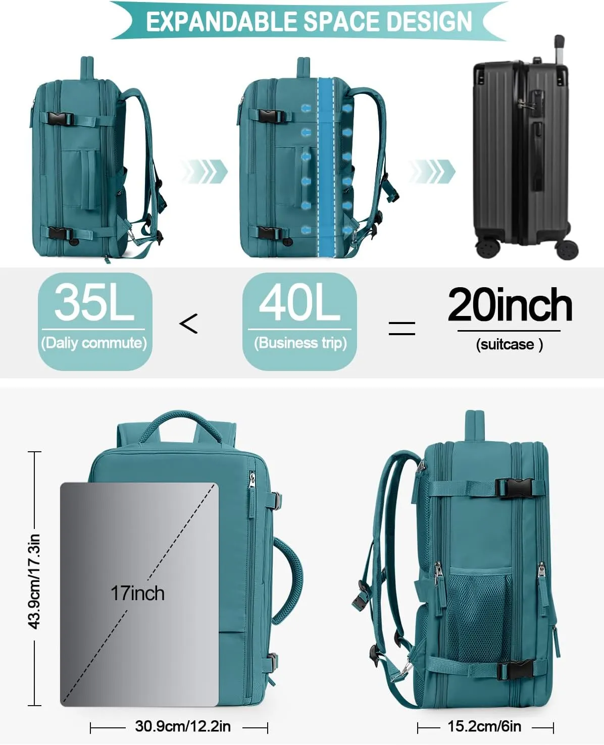 Travel Backpack for Women, Airline Approved Carry On Luggage, 17.3 inch Laptop Backpack, Waterproof Weekender Bag, Hiking Backpack (Peacock blue)