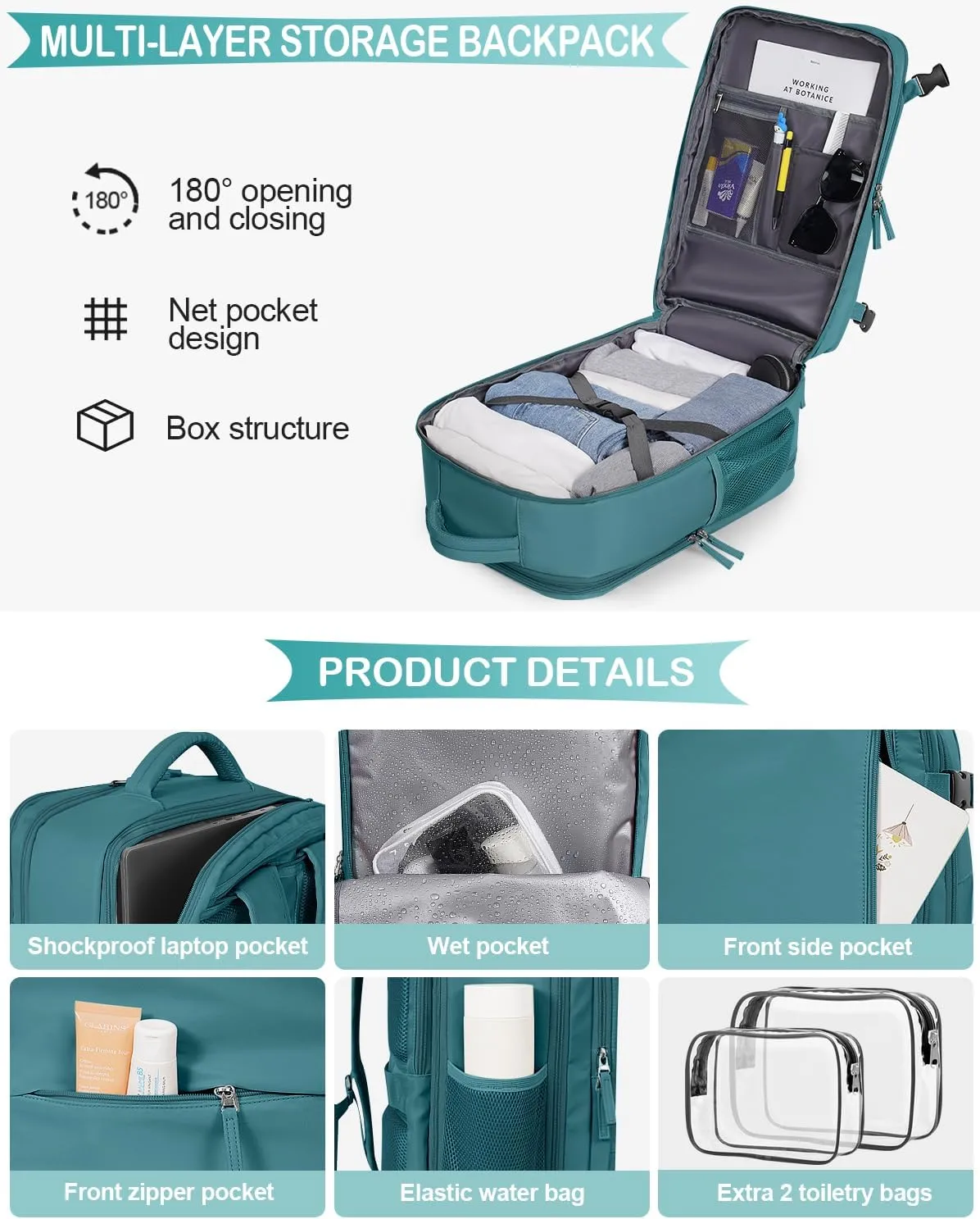 Travel Backpack for Women, Airline Approved Carry On Luggage, 17.3 inch Laptop Backpack, Waterproof Weekender Bag, Hiking Backpack (Peacock blue)
