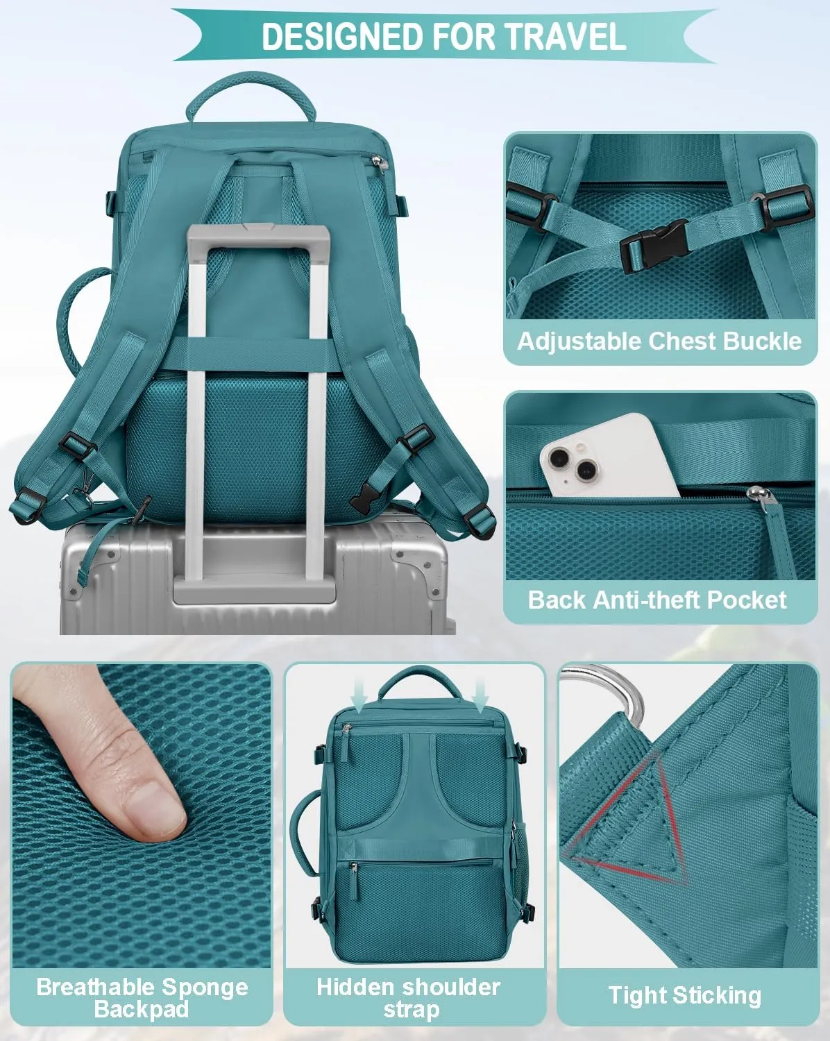 Travel Backpack for Women, Airline Approved Carry On Luggage, 17.3 inch Laptop Backpack, Waterproof Weekender Bag, Hiking Backpack (Peacock blue)