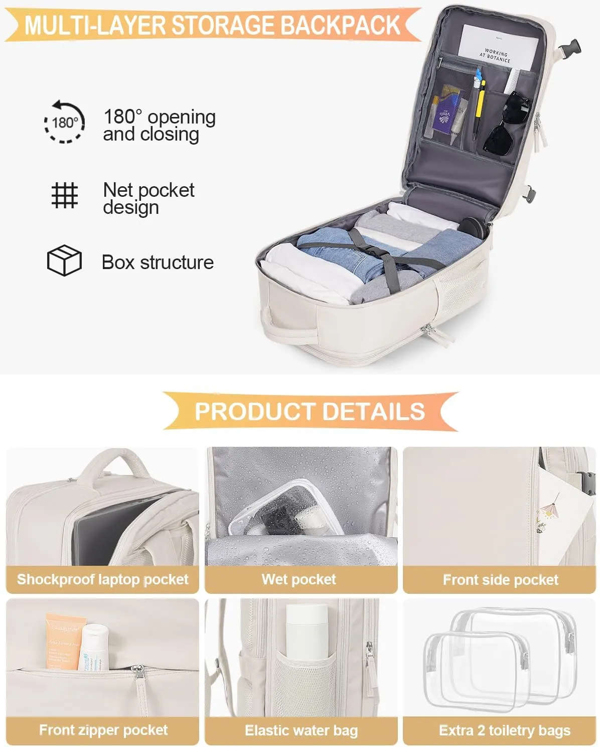 Travel Backpack For Women, Airline Approved Personal Item Bag, Carry On Backpack,17 Inch Laptop School Backpack, Waterproof Casual Overnight Bag, Hiking Backpack (Beige)