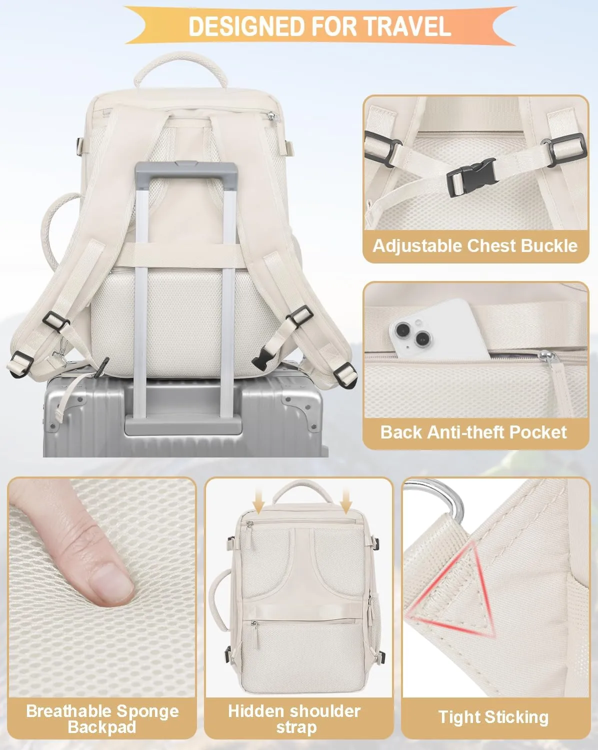 Travel Backpack For Women, Airline Approved Personal Item Bag, Carry On Backpack,17 Inch Laptop School Backpack, Waterproof Casual Overnight Bag, Hiking Backpack (Beige)