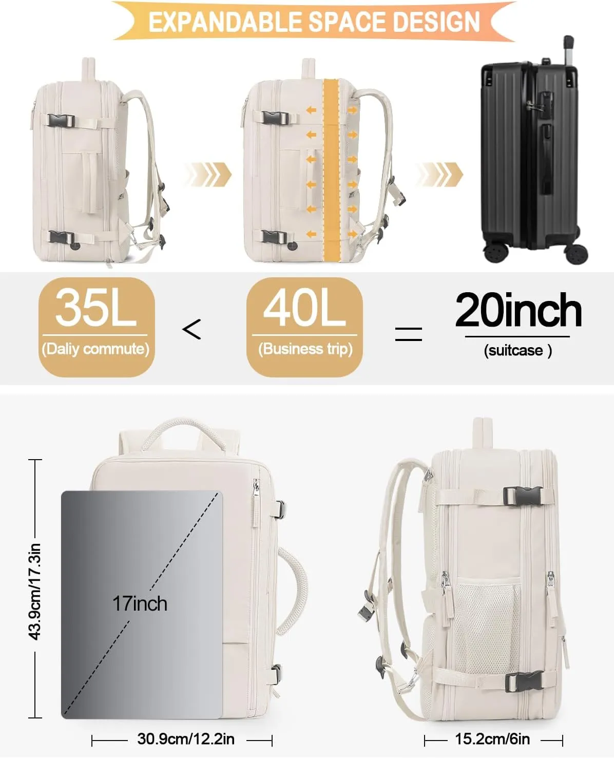 Travel Backpack For Women, Airline Approved Personal Item Bag, Carry On Backpack,17 Inch Laptop School Backpack, Waterproof Casual Overnight Bag, Hiking Backpack (Beige)