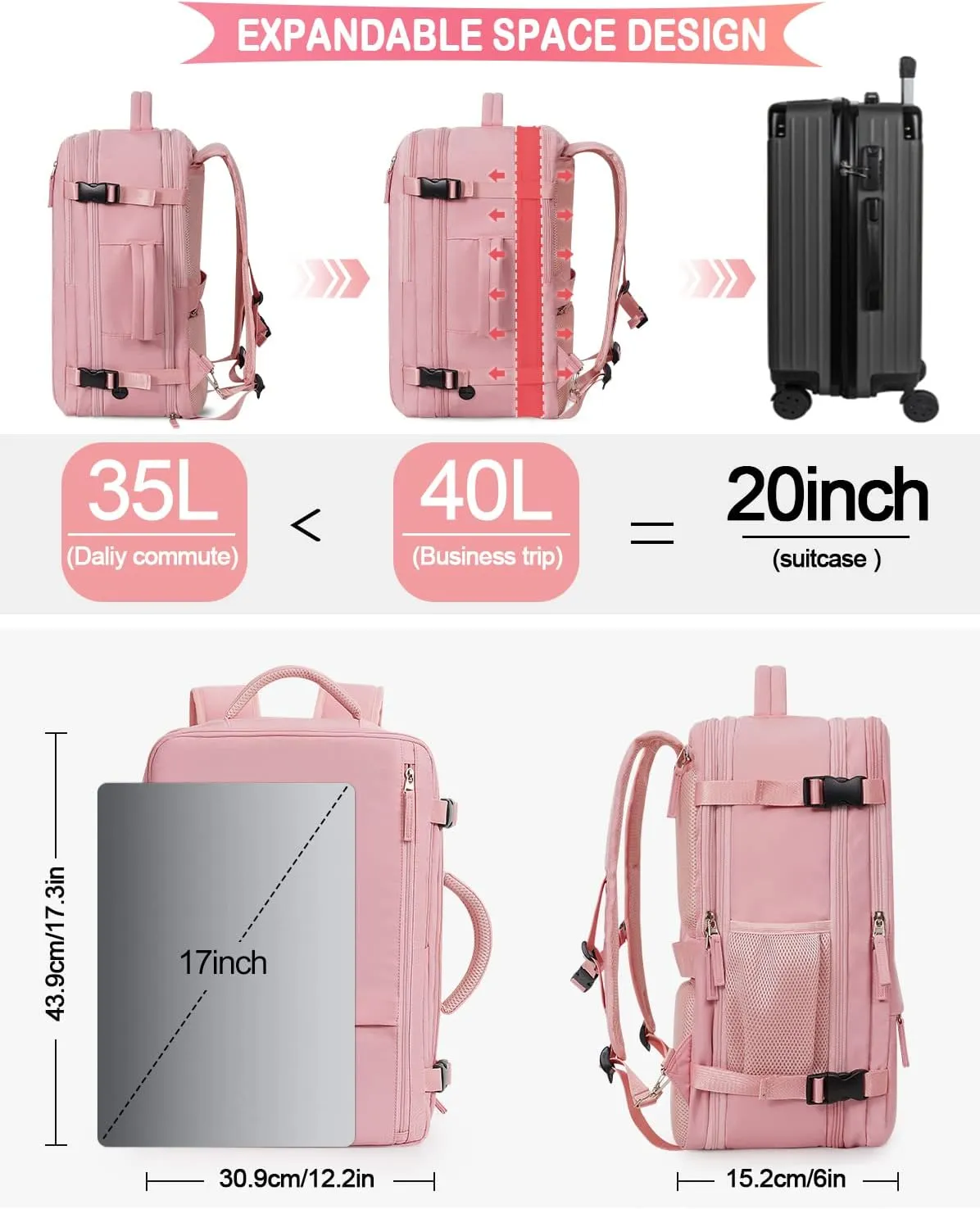 Travel Backpack For Women, Carry On Backpack Airline Approved, 17 Inch Laptop Backpack, Waterproof Outdoor Sports Casual Bussiness Daypack, Hiking Backpack (Pink)