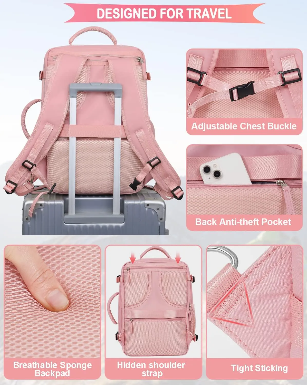Travel Backpack For Women, Carry On Backpack Airline Approved, 17 Inch Laptop Backpack, Waterproof Outdoor Sports Casual Bussiness Daypack, Hiking Backpack (Pink)