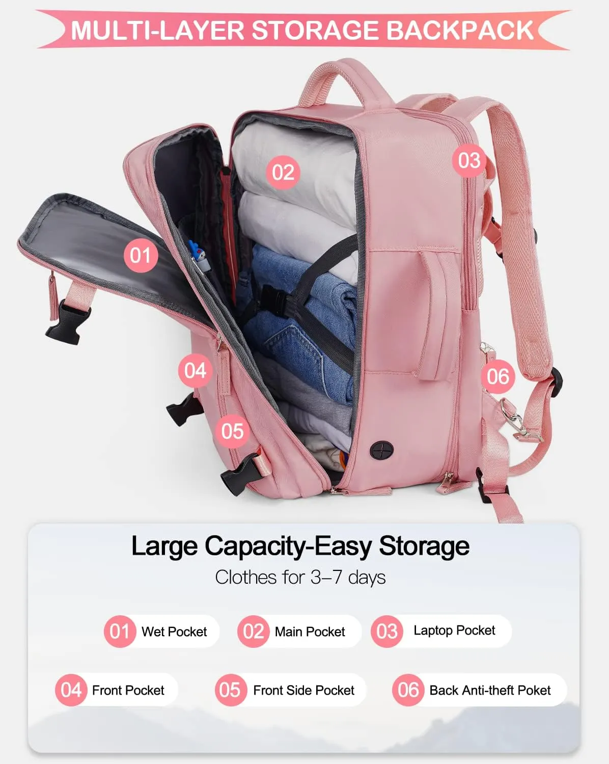 Travel Backpack For Women, Carry On Backpack Airline Approved, 17 Inch Laptop Backpack, Waterproof Outdoor Sports Casual Bussiness Daypack, Hiking Backpack (Pink)