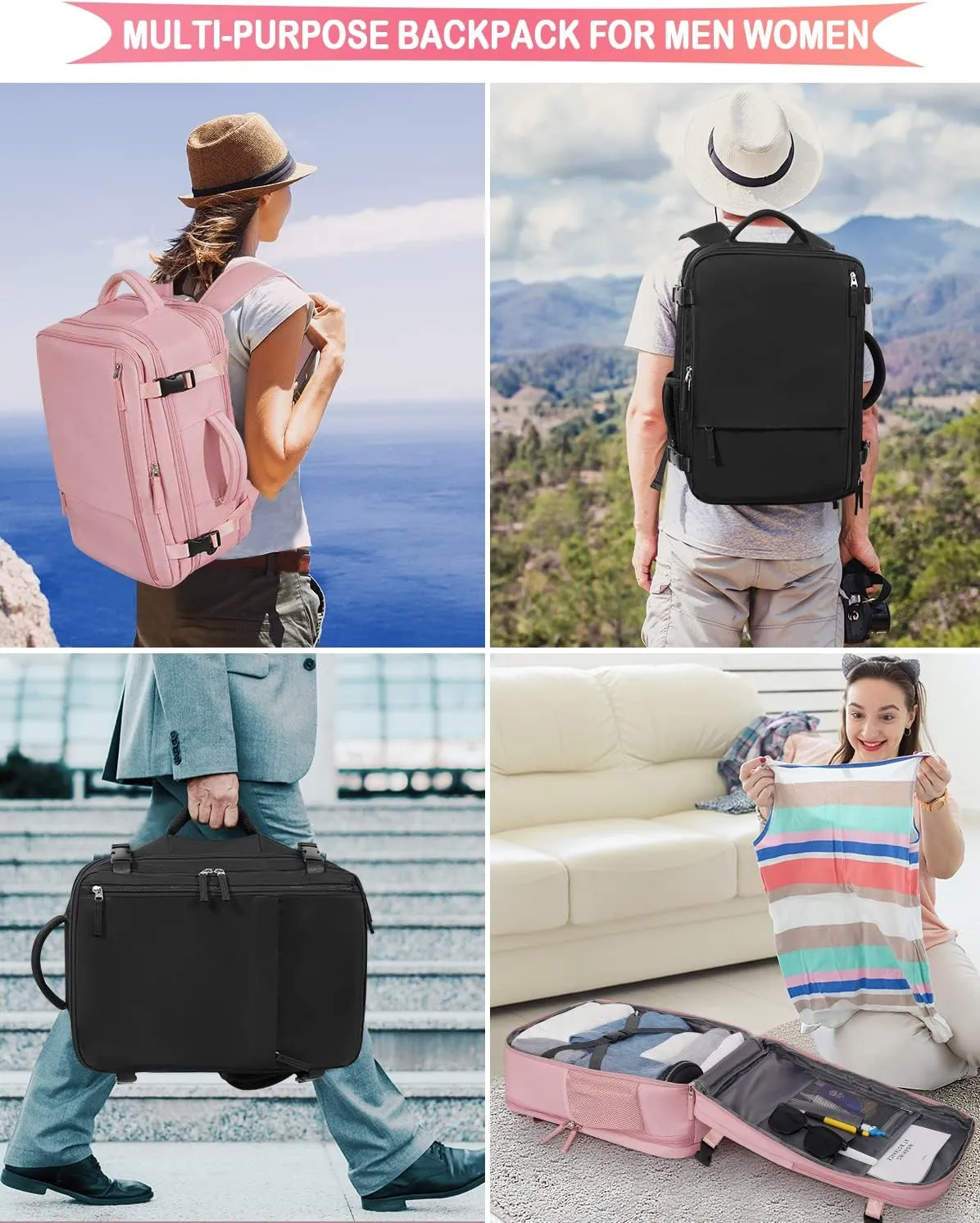 Travel Backpack For Women, Carry On Backpack Airline Approved, 17 Inch Laptop Backpack, Waterproof Outdoor Sports Casual Bussiness Daypack, Hiking Backpack (Pink)