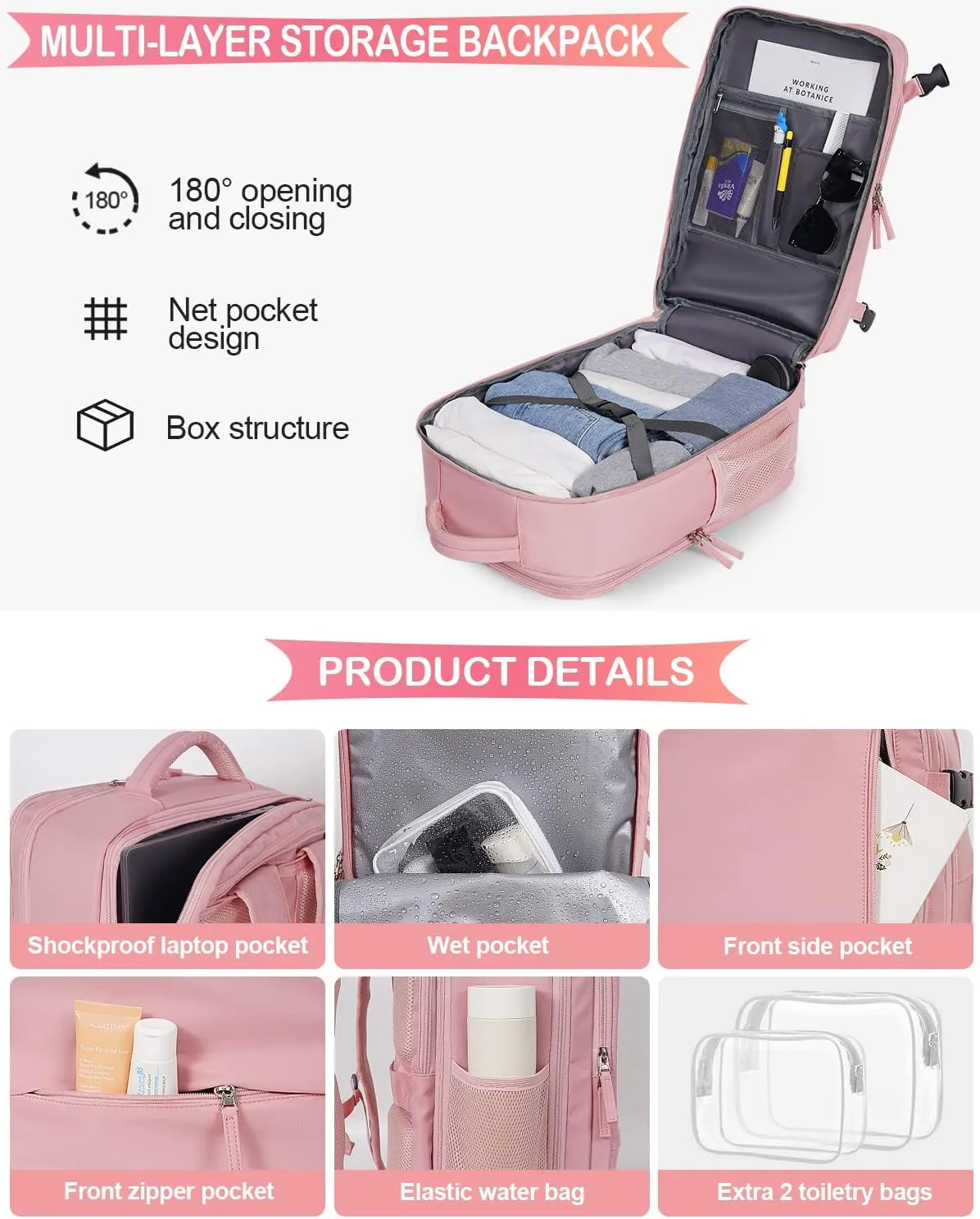 Travel Backpack For Women, Carry On Backpack Airline Approved, 17 Inch Laptop Backpack, Waterproof Outdoor Sports Casual Bussiness Daypack, Hiking Backpack (Pink)