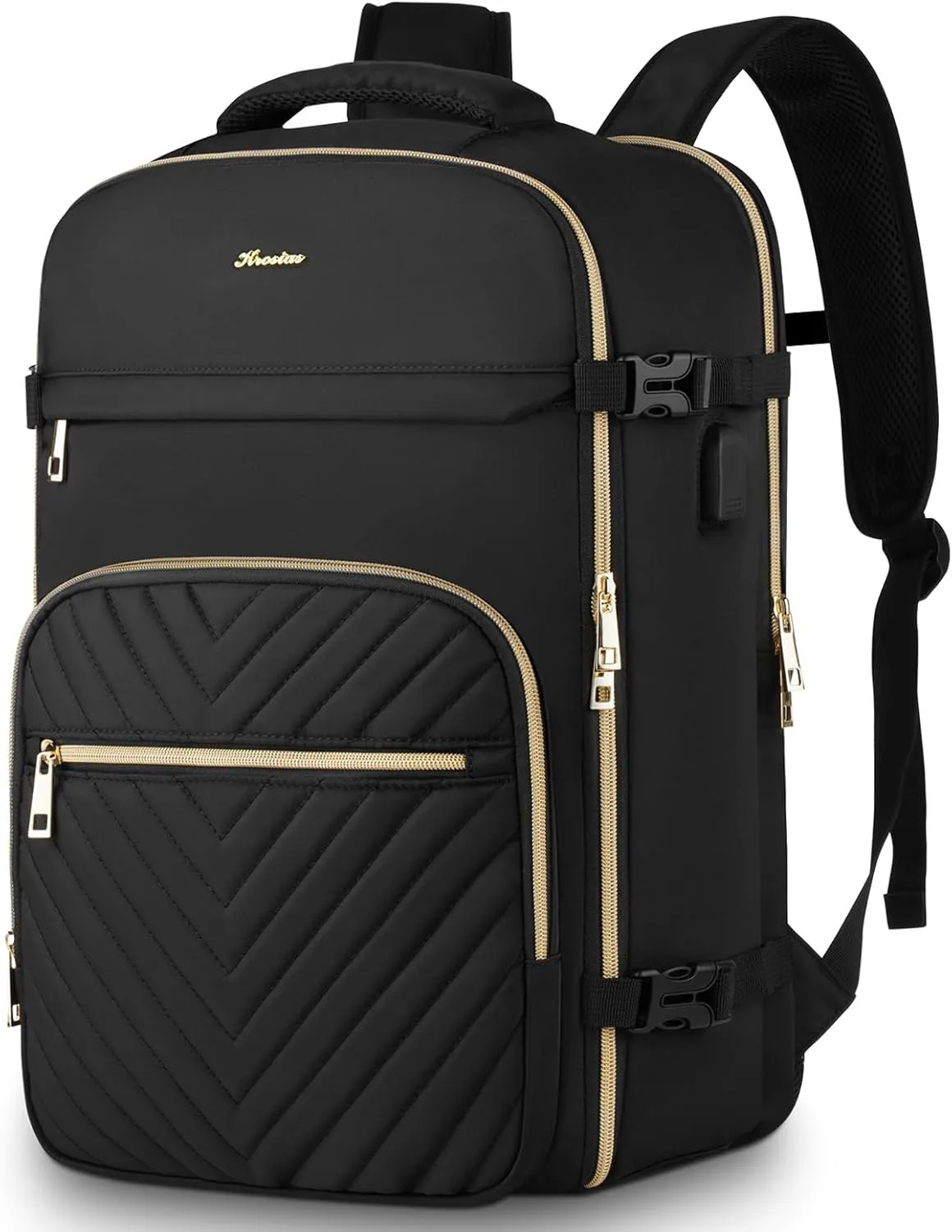 Travel Backpack for Women, Carry On Backpack for Airplanes Flight Approved, Waterproof Large Weekender Overnight Bag Fit 15.6 Inch Laptop with USB Charging Port, Black