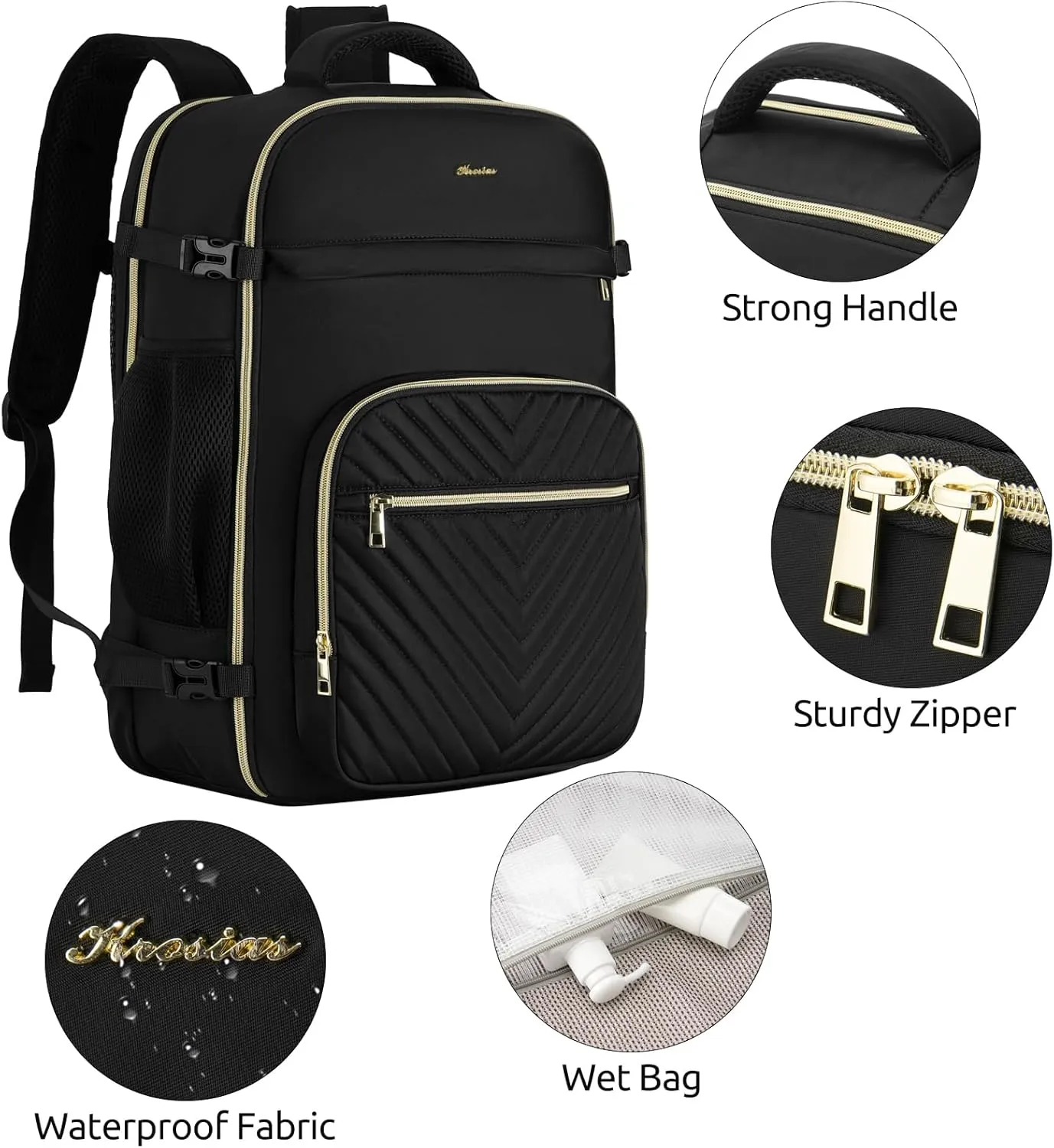 Travel Backpack for Women, Carry On Backpack for Airplanes Flight Approved, Waterproof Large Weekender Overnight Bag Fit 17 Inch Laptop with USB Charging Port, Black