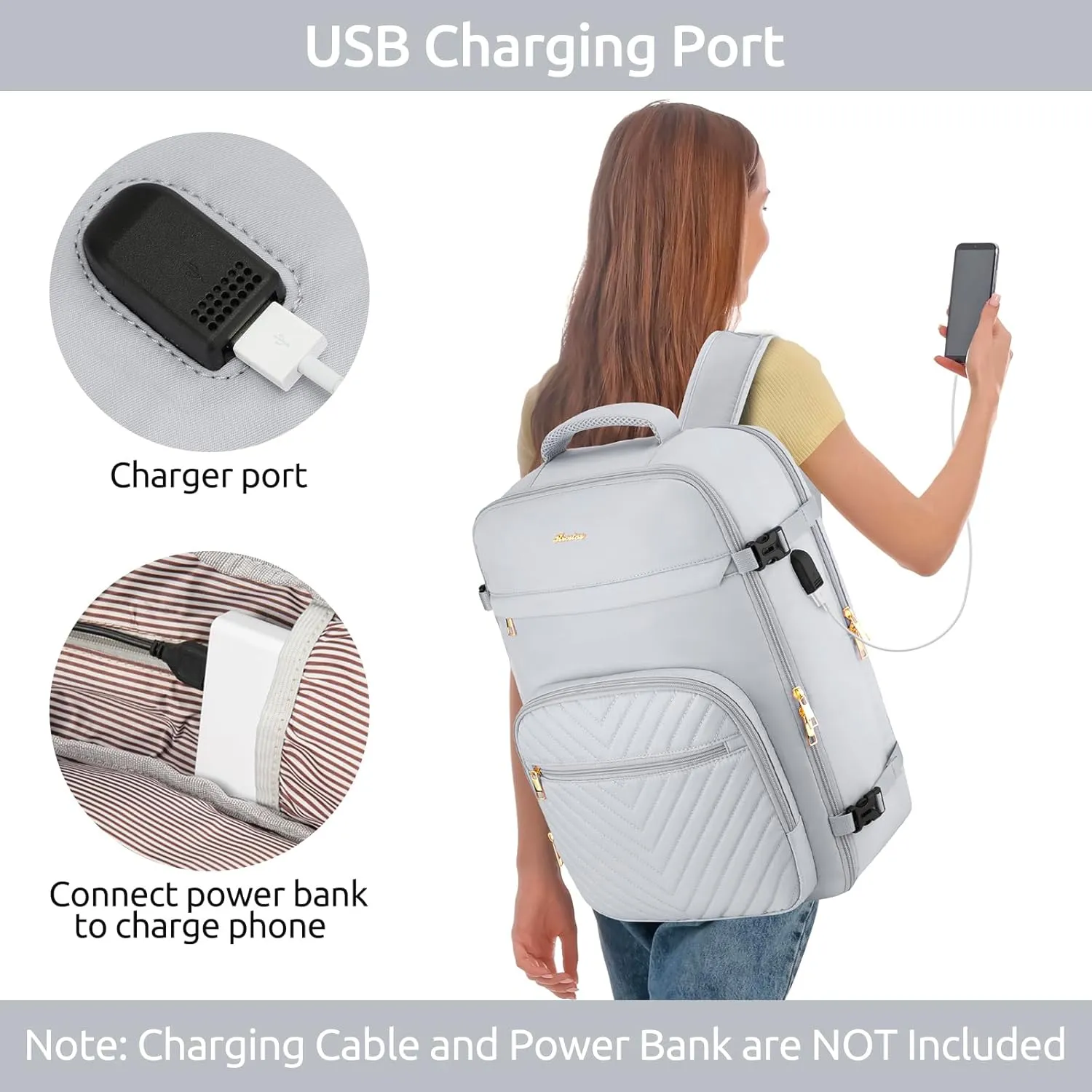 Travel Backpack for Women, Carry On Backpack for Airplanes Flight Approved, Waterproof Large Weekender Overnight Bag Fit 17 Inch Laptop with USB Charging Port, Grey
