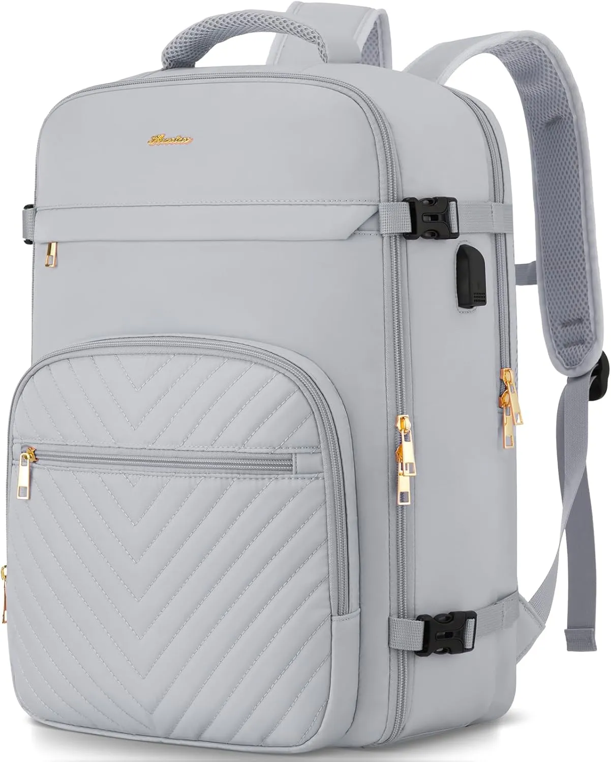 Travel Backpack for Women, Carry On Backpack for Airplanes Flight Approved, Waterproof Large Weekender Overnight Bag Fit 17 Inch Laptop with USB Charging Port, Grey