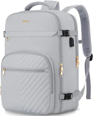 Travel Backpack for Women, Carry On Backpack for Airplanes Flight Approved, Waterproof Large Weekender Overnight Bag Fit 17 Inch Laptop with USB Charging Port, Grey