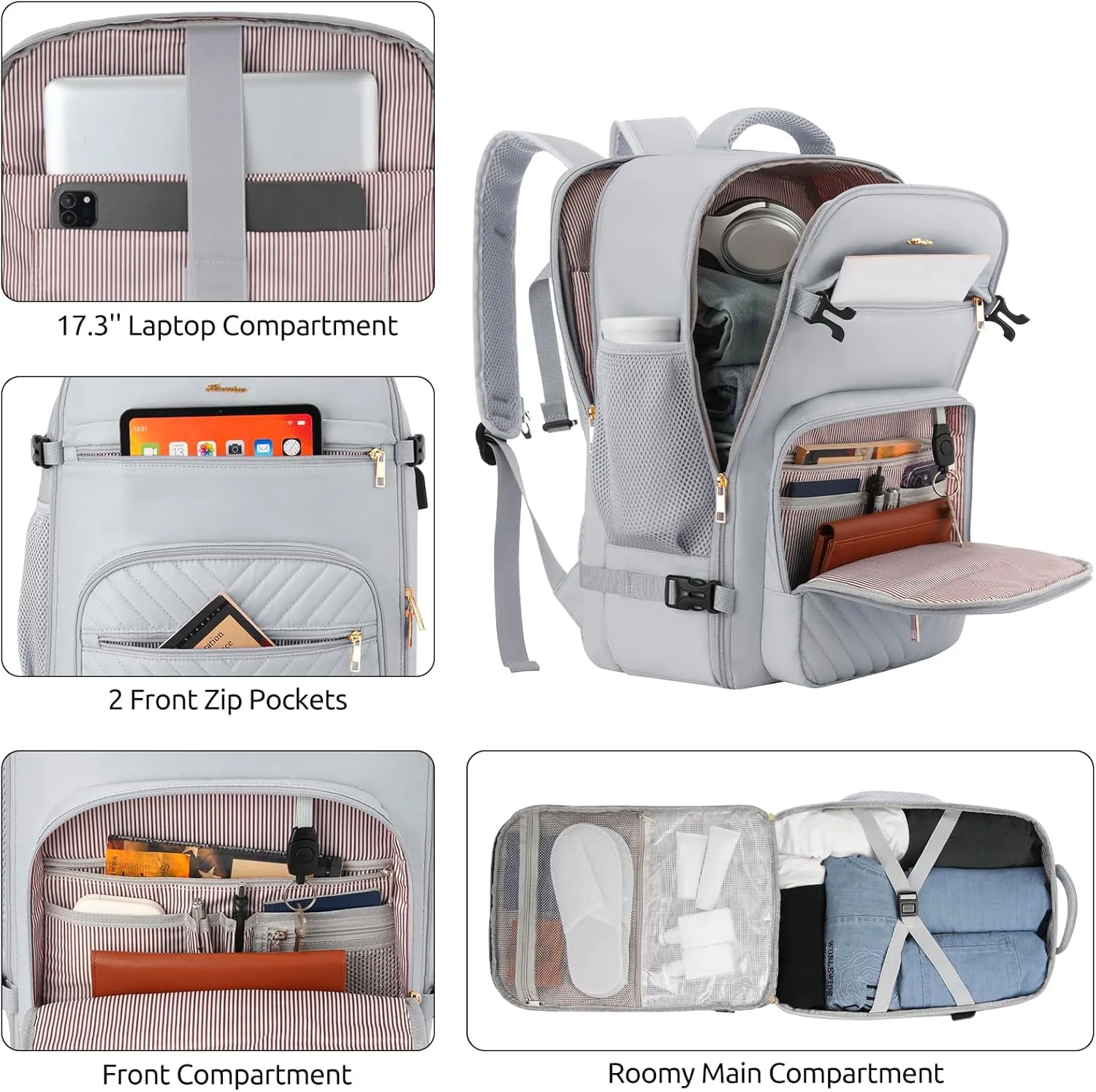 Travel Backpack for Women, Carry On Backpack for Airplanes Flight Approved, Waterproof Large Weekender Overnight Bag Fit 17 Inch Laptop with USB Charging Port, Grey