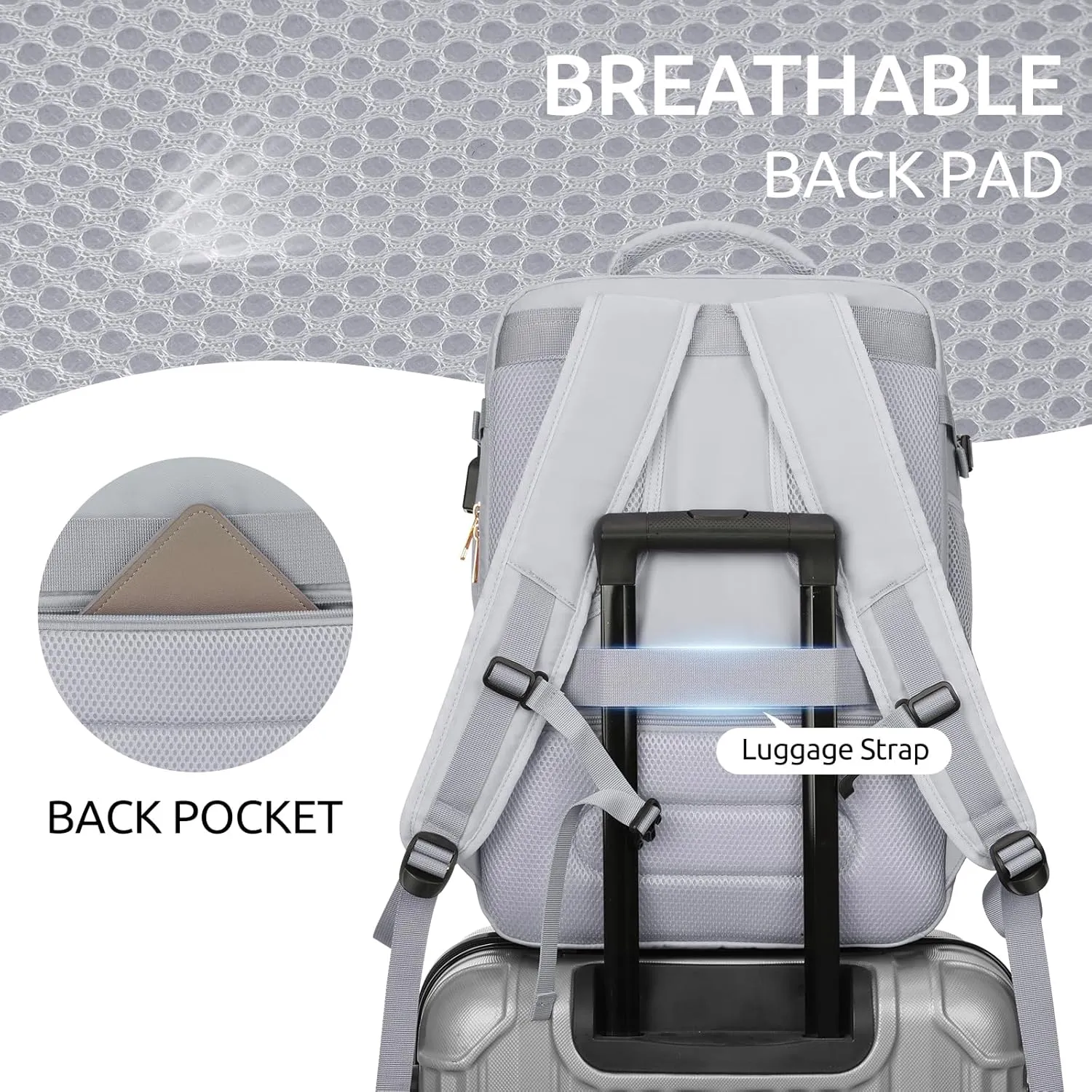 Travel Backpack for Women, Carry On Backpack for Airplanes Flight Approved, Waterproof Large Weekender Overnight Bag Fit 17 Inch Laptop with USB Charging Port, Grey