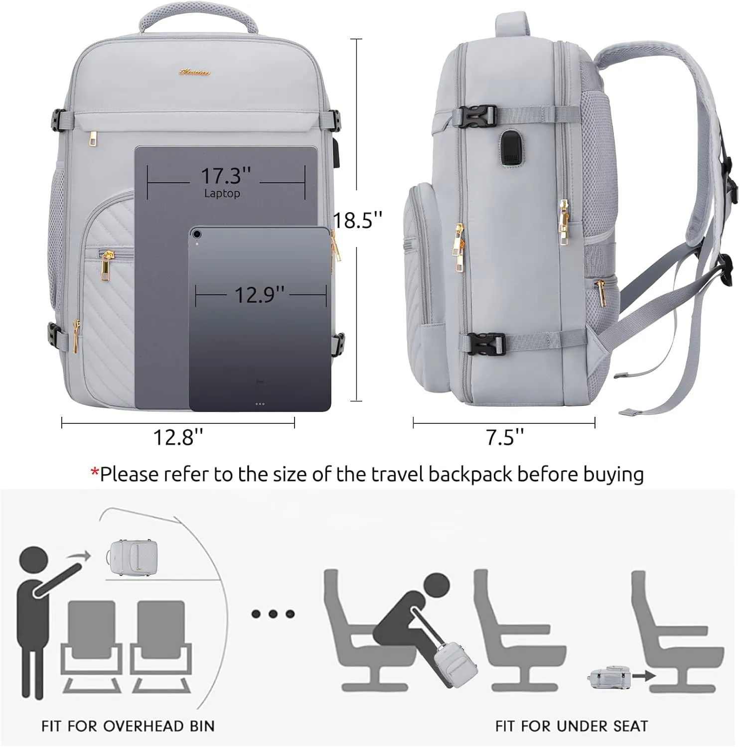 Travel Backpack for Women, Carry On Backpack for Airplanes Flight Approved, Waterproof Large Weekender Overnight Bag Fit 17 Inch Laptop with USB Charging Port, Grey