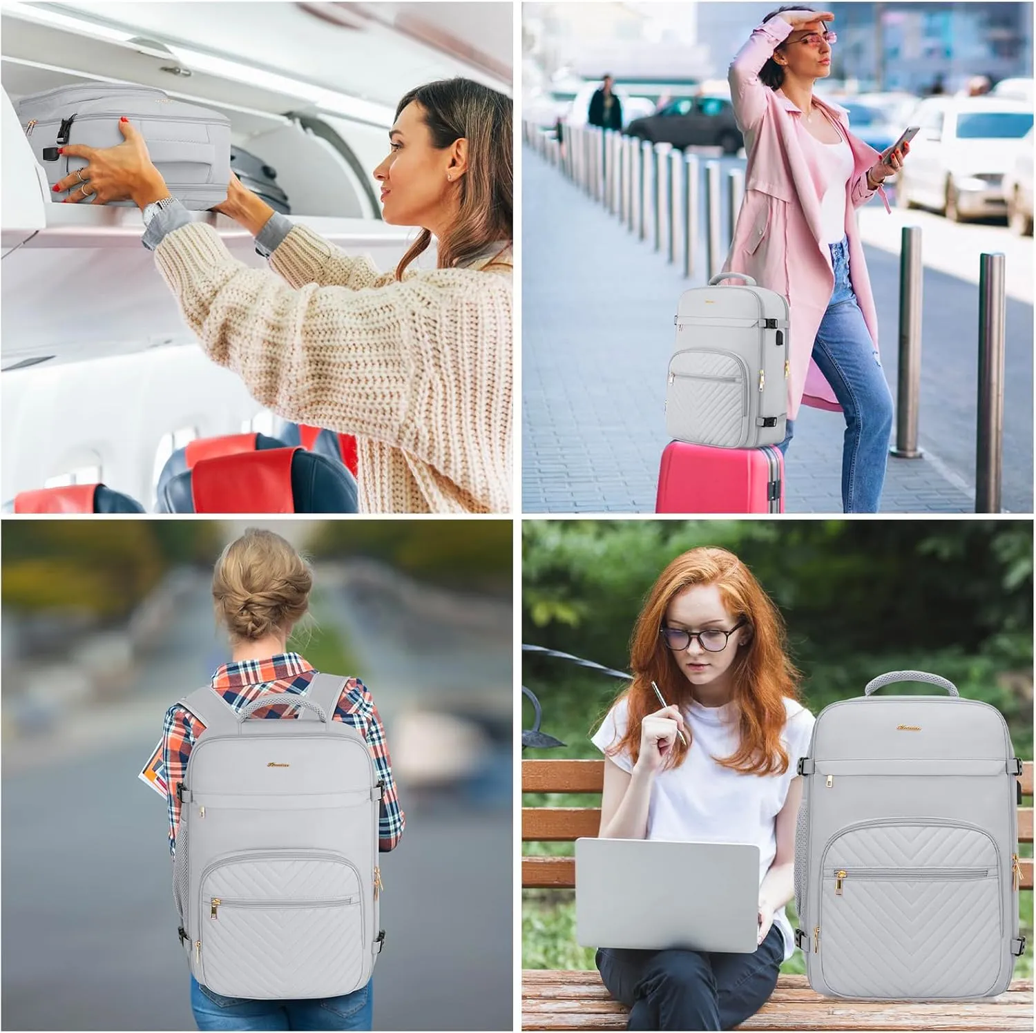 Travel Backpack for Women, Carry On Backpack for Airplanes Flight Approved, Waterproof Large Weekender Overnight Bag Fit 17 Inch Laptop with USB Charging Port, Grey
