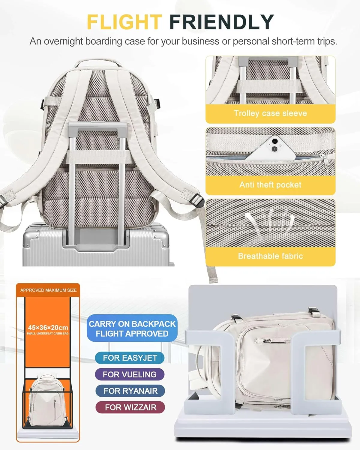 Travel Backpack for Women Men, Waterproof Carry on Backpack for Flight Approved Personal Item Bag, Business Laptop Backpack with USB Charging for Hiking Gym with Shoe Compartment Casual Daypack White