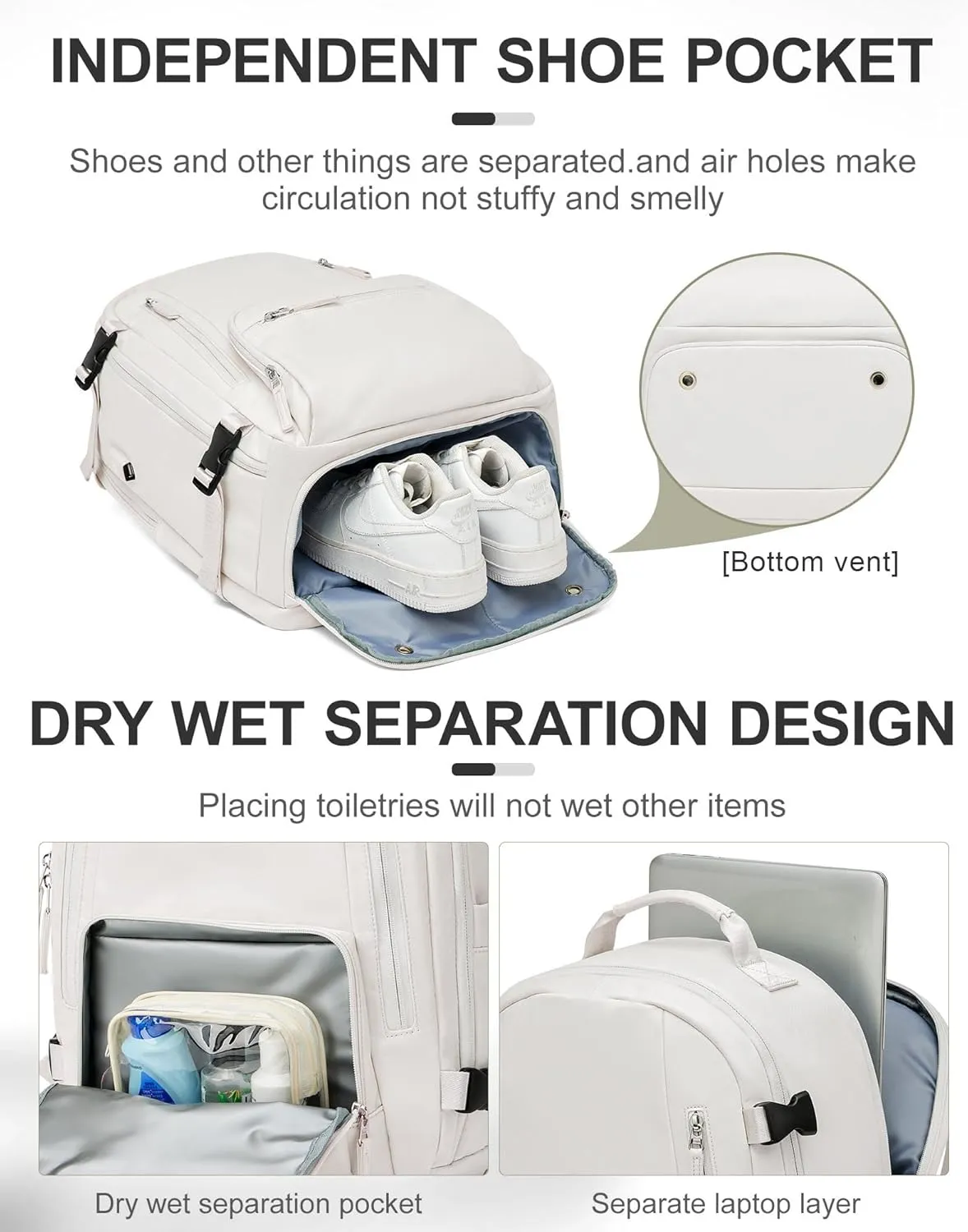 Travel Backpack for Women Men, Waterproof Carry on Backpack for Flight Approved Personal Item Bag, Business Laptop Backpack with USB Charging for Hiking Gym with Shoe Compartment Casual Daypack White