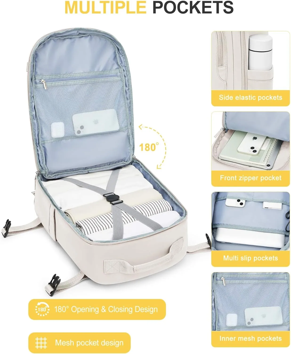 Travel Backpack for Women Men, Waterproof Carry on Backpack for Flight Approved Personal Item Bag, Business Laptop Backpack with USB Charging for Hiking Gym with Shoe Compartment Casual Daypack White