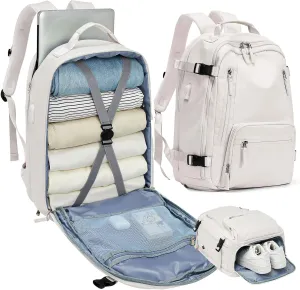 Travel Backpack for Women Men, Waterproof Carry on Backpack for Flight Approved Personal Item Bag, Business Laptop Backpack with USB Charging for Hiking Gym with Shoe Compartment Casual Daypack White