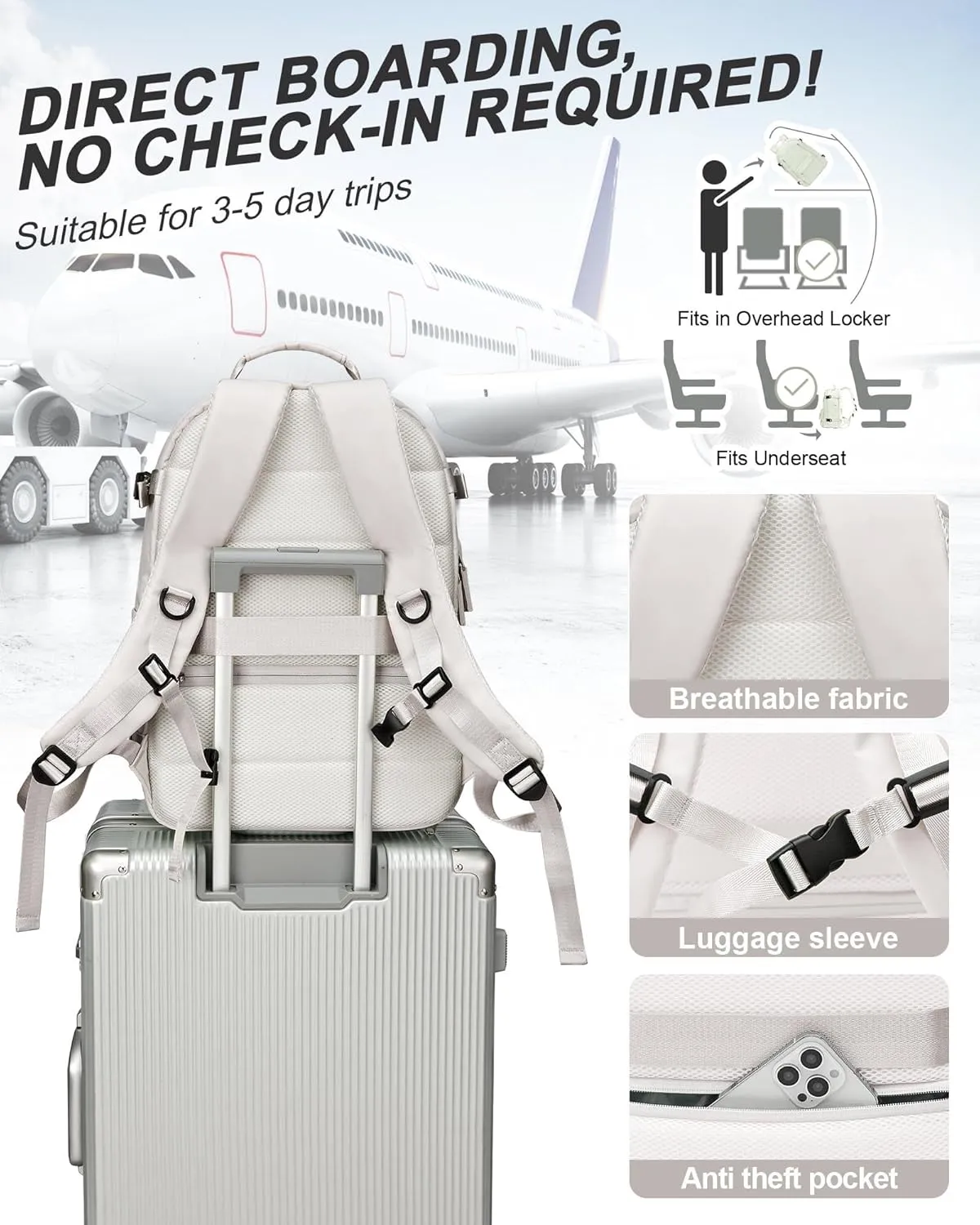 Travel Backpack for Women Men, Waterproof Carry on Backpack for Flight Approved Personal Item Bag, Business Laptop Backpack with USB Charging for Hiking Gym with Shoe Compartment Casual Daypack White
