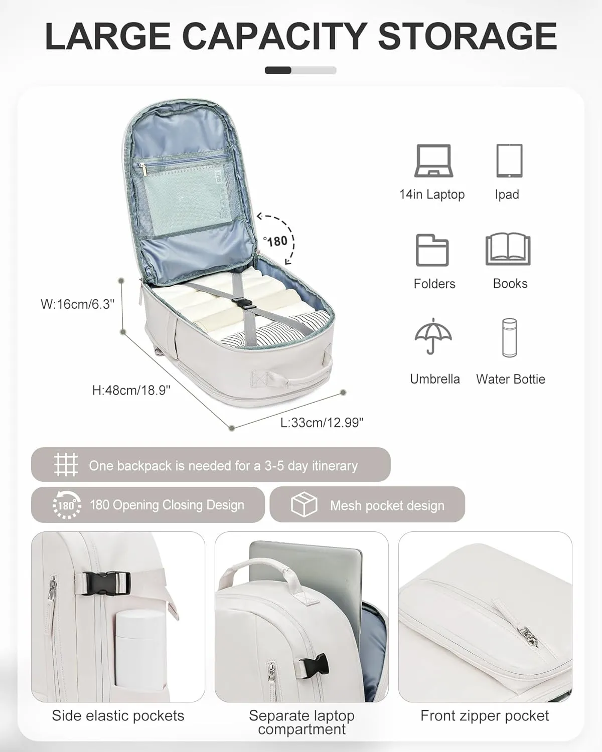 Travel Backpack for Women Men, Waterproof Carry on Backpack for Flight Approved Personal Item Bag, Business Laptop Backpack with USB Charging for Hiking Gym with Shoe Compartment Casual Daypack White