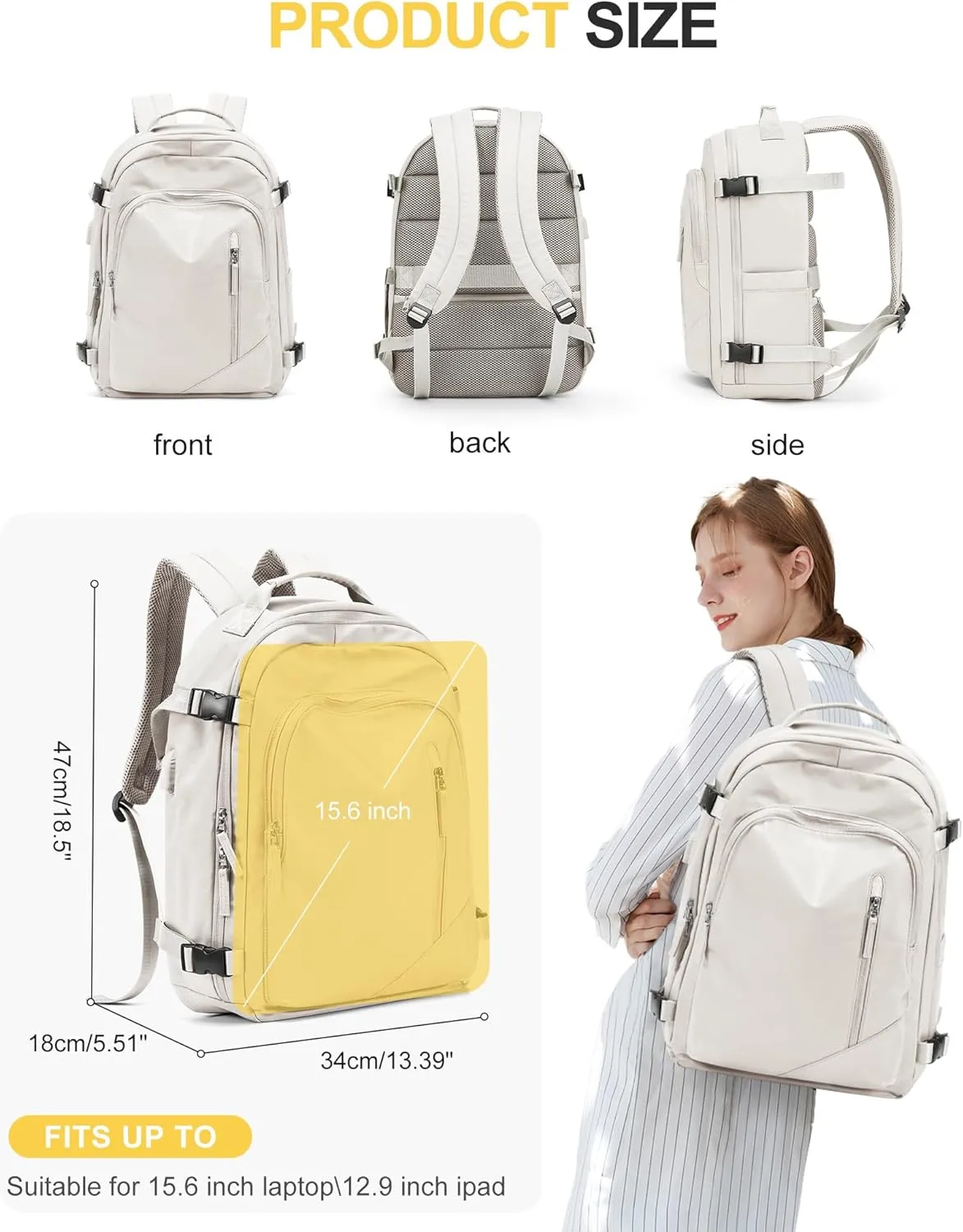Travel Backpack for Women Men, Waterproof Carry on Backpack for Flight Approved Personal Item Bag, Business Laptop Backpack with USB Charging for Hiking Gym with Shoe Compartment Casual Daypack White
