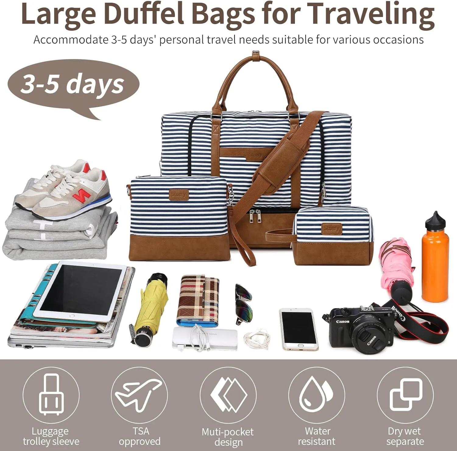Travel Bag for Women: 21" Large Weekender Bags for Women with Shoe Compartment & Toiletry Bags, 3PCS Overnight Duffel Tote for Carry on Weekend Travel Business Trip Airplane Traveling, Gym