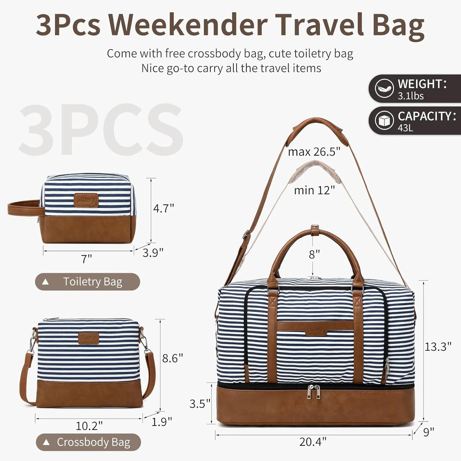 Travel Bag for Women: 21" Large Weekender Bags for Women with Shoe Compartment & Toiletry Bags, 3PCS Overnight Duffel Tote for Carry on Weekend Travel Business Trip Airplane Traveling, Gym
