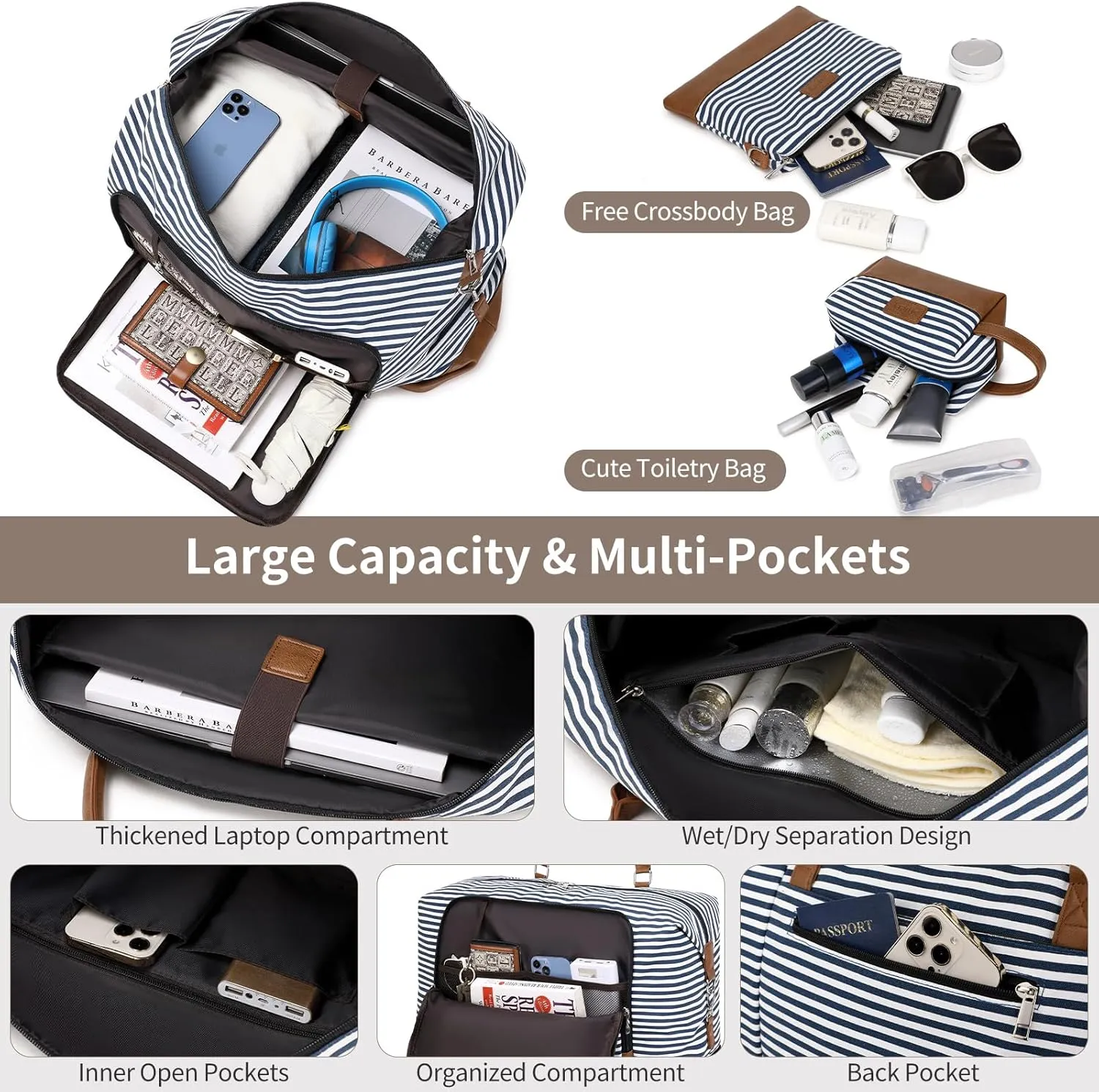 Travel Bag for Women: 21" Large Weekender Bags for Women with Shoe Compartment & Toiletry Bags, 3PCS Overnight Duffel Tote for Carry on Weekend Travel Business Trip Airplane Traveling, Gym