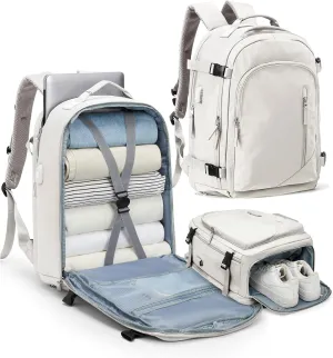 Travel Carry on Laptop Backpack for Women Men, Expandable Flight Approved Backpack, Waterproof Sports College bag Casual Daypack for Weekender Business Hiking with Shoe Compartment Beige