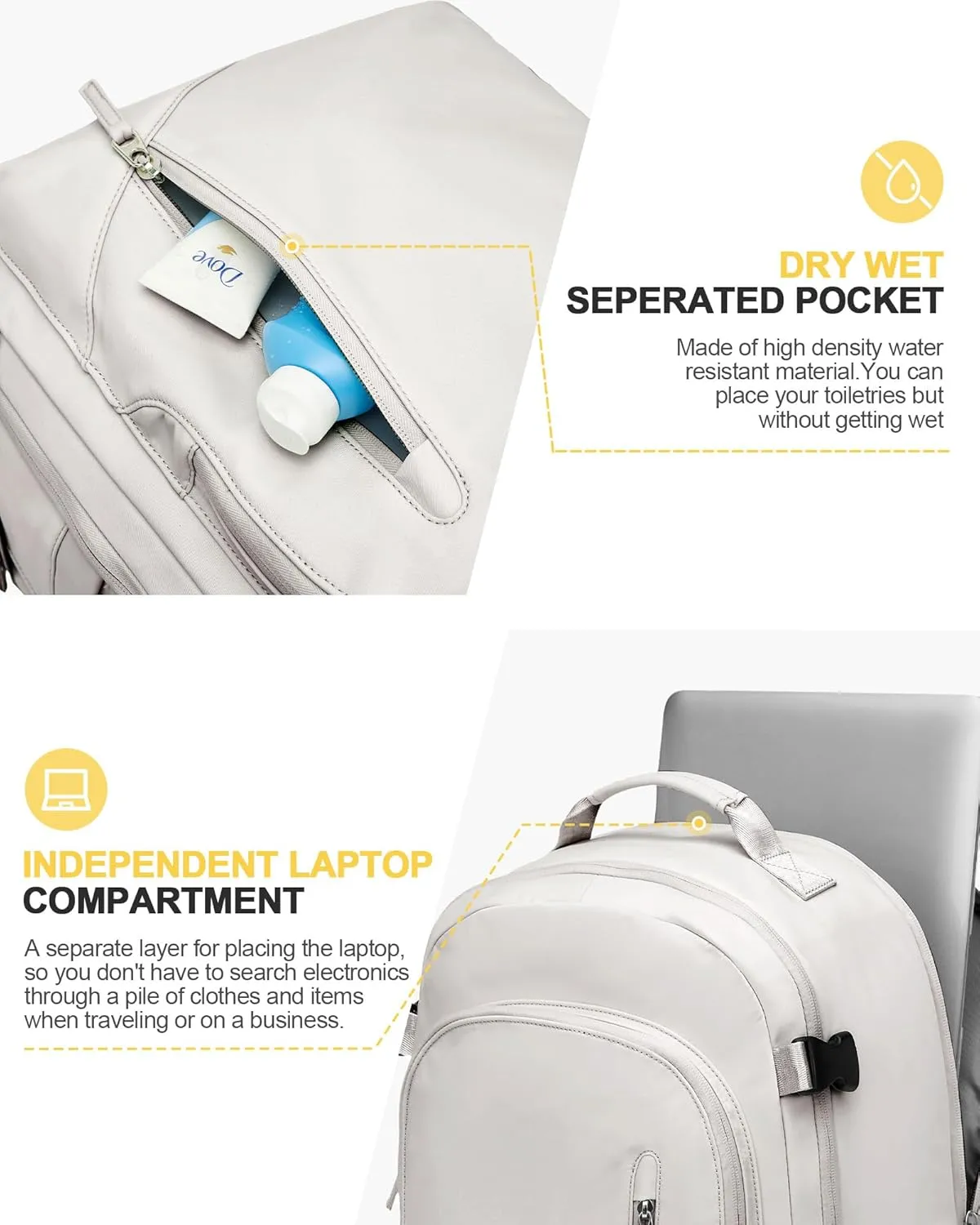 Travel Carry on Laptop Backpack for Women Men, Expandable Flight Approved Backpack, Waterproof Sports College bag Casual Daypack for Weekender Business Hiking with Shoe Compartment Beige