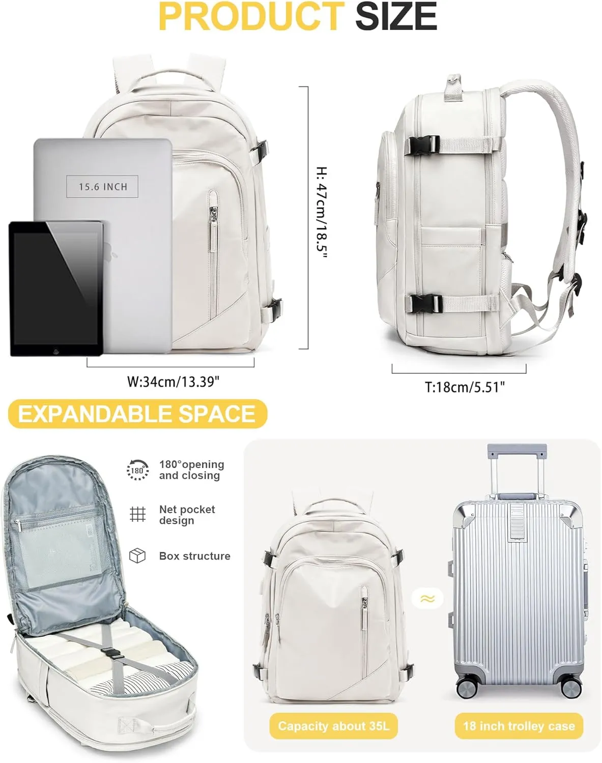 Travel Carry on Laptop Backpack for Women Men, Expandable Flight Approved Backpack, Waterproof Sports College bag Casual Daypack for Weekender Business Hiking with Shoe Compartment Beige